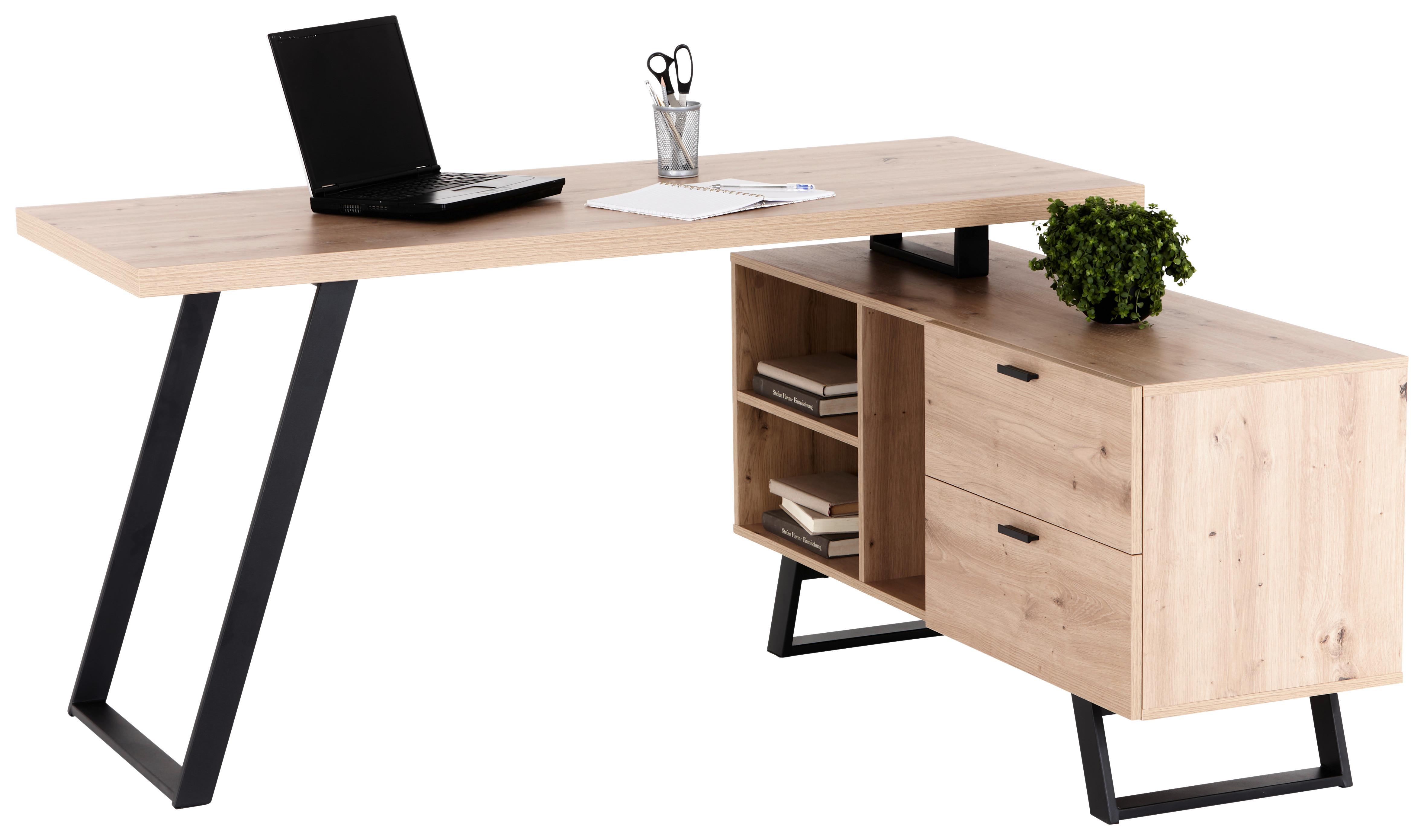 Eckschreibtisch mit Stauraum B 150cm H 75cm Corinna, Eiche - Eichefarben/Schwarz, MODERN, Holzwerkstoff/Metall (150/60/75cm) - MID.YOU