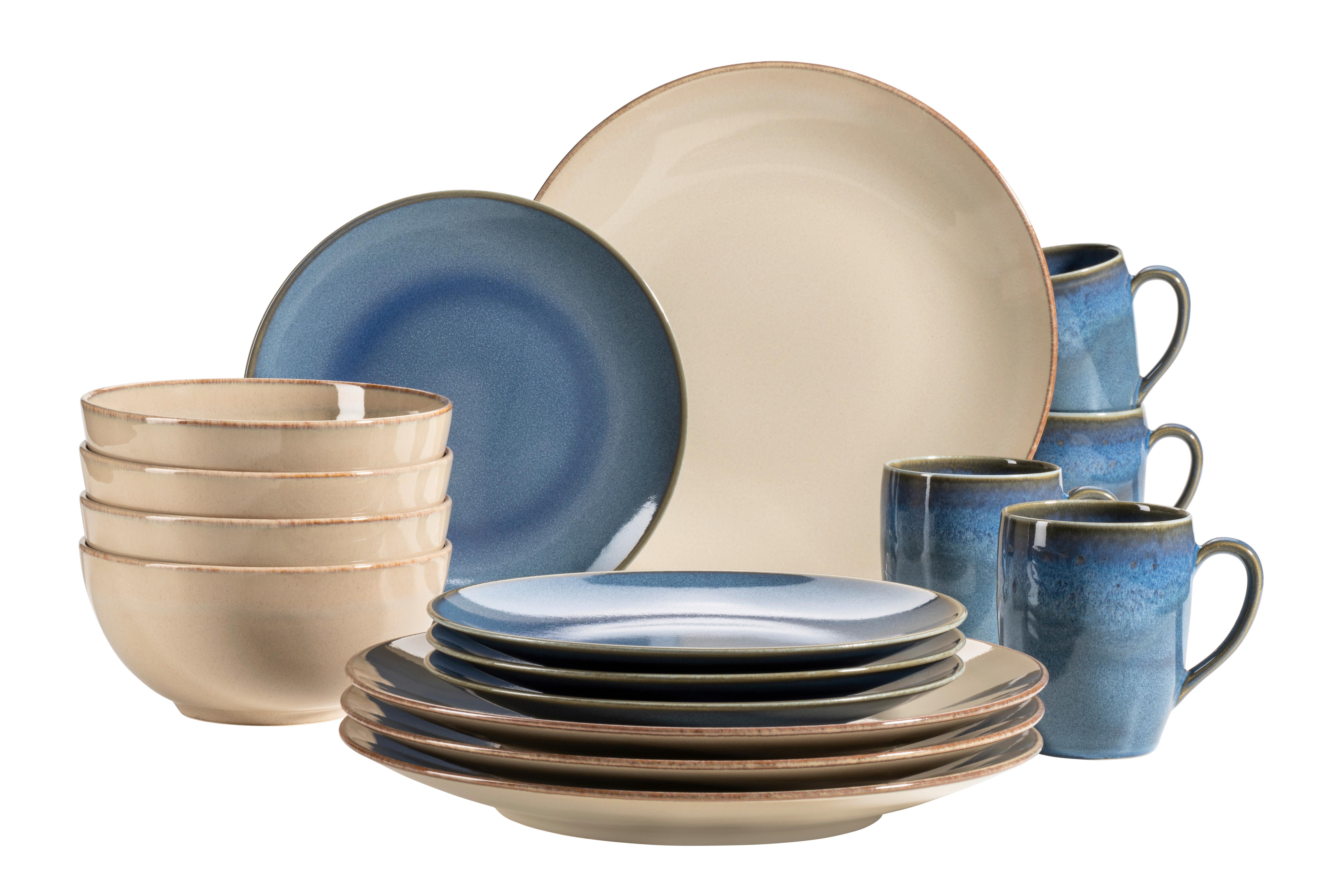 Kombiservice Sandfarben Hellblau 16-teilig - Sandfarben/Hellblau, Basics, Keramik - Mäser