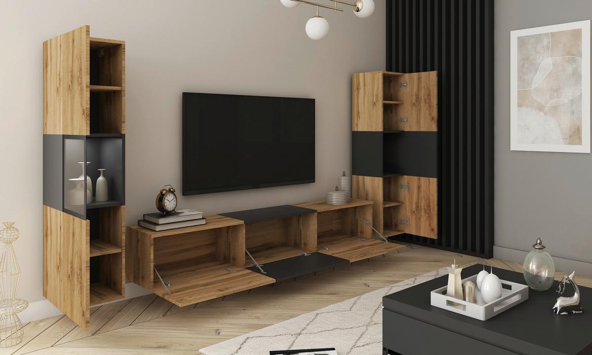 Wohnwand Berlin IIi Eiche Wotan/Schwarz B: 240 cm - Eiche Wotan/Schwarz, Design, Glas/Holzwerkstoff (240/130/31cm) - MID.YOU