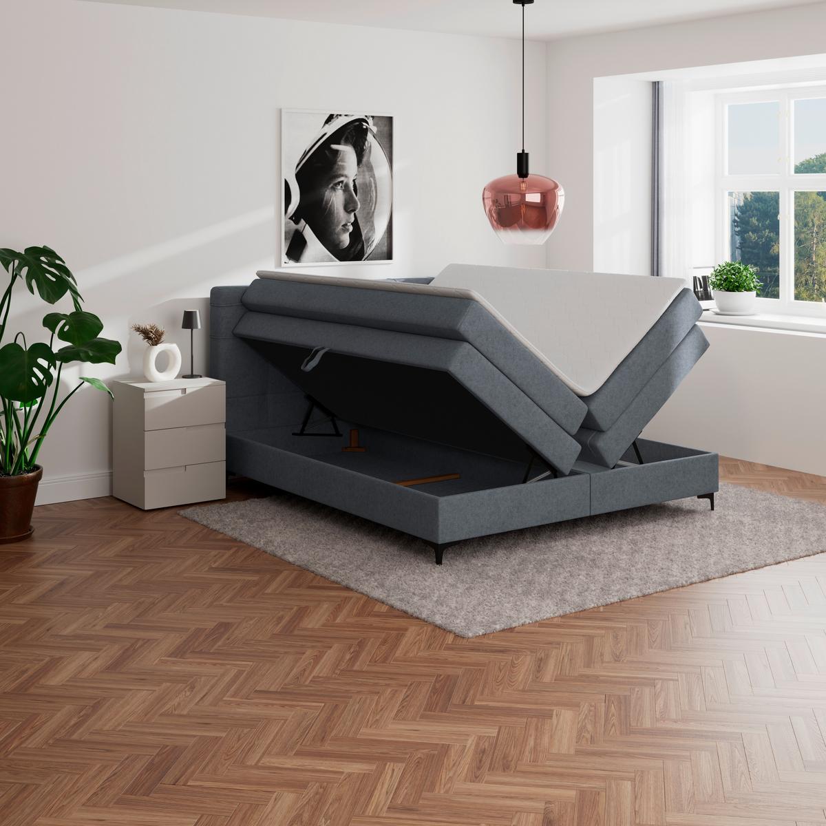 Boxspringbett MITTO Blaugrau 160x200 cm - Blaugrau/Schwarz, KONVENTIONELL, Textil/Metall (160/200cm)