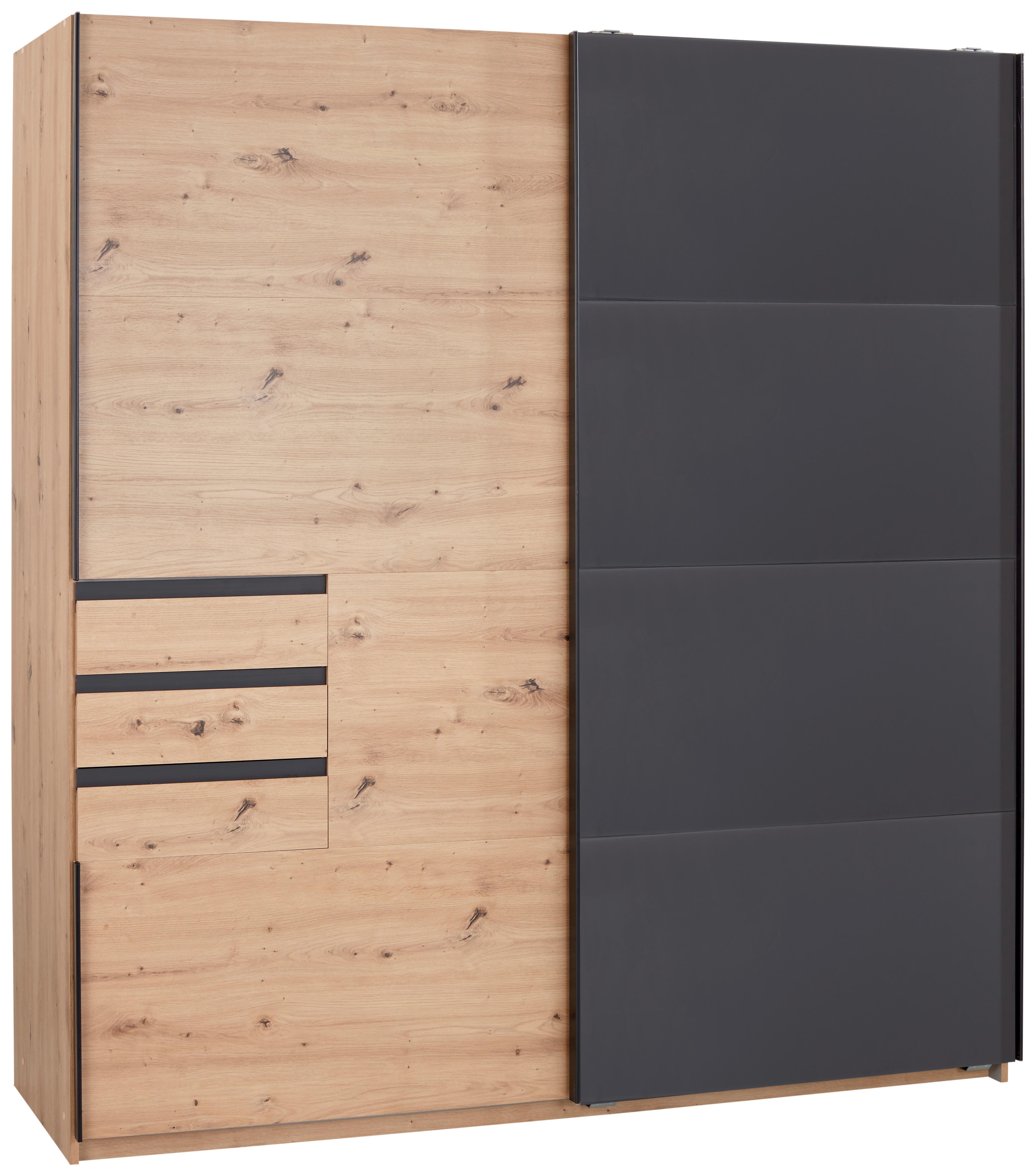 Schwebetürenschrank mit Laden 180 cm Oldenburg, Eiche Dekor - Eichefarben/Eiche Artisan, KONVENTIONELL, Glas/Holzwerkstoff (180/198/65cm)