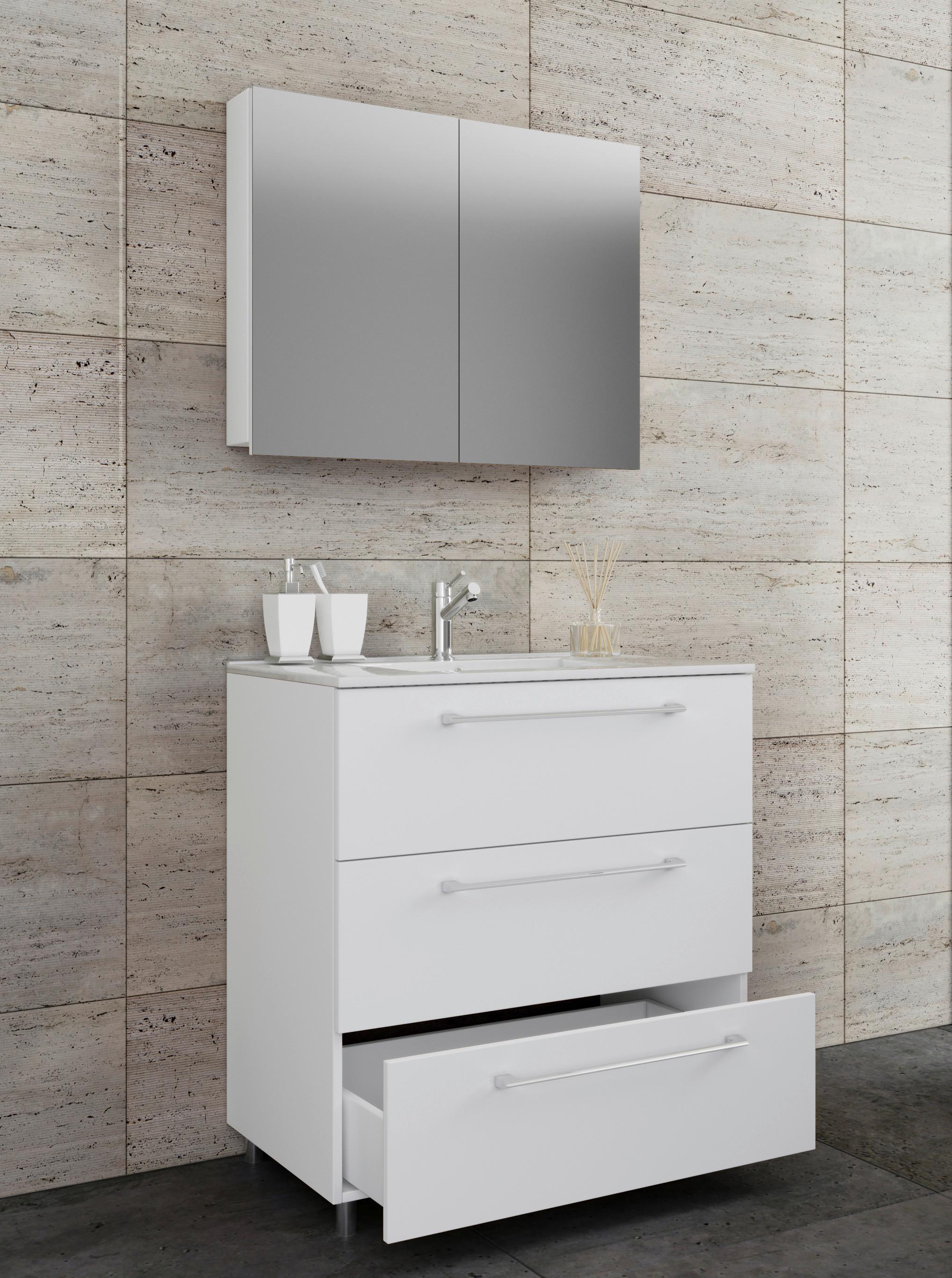 Badezimmer Schubo 3-Teilig Weiß B: 80 cm - Alufarben/Weiß, MODERN, Keramik/Holzwerkstoff (80cm) - MID.YOU