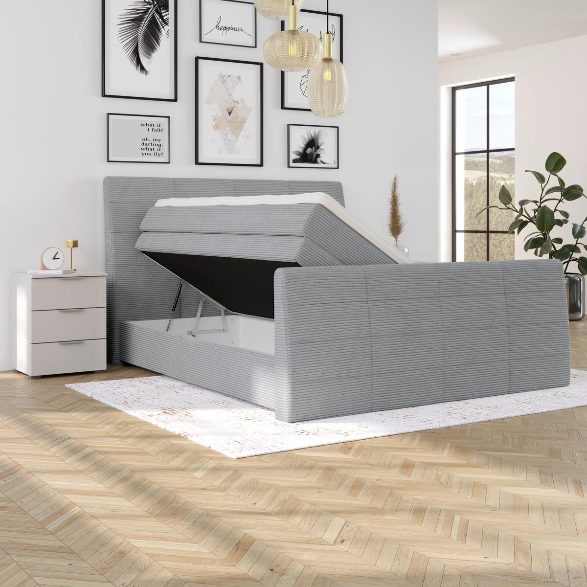 Boxspringbett Libra - Graublau/Schwarz, KONVENTIONELL, Textil (160/200cm)