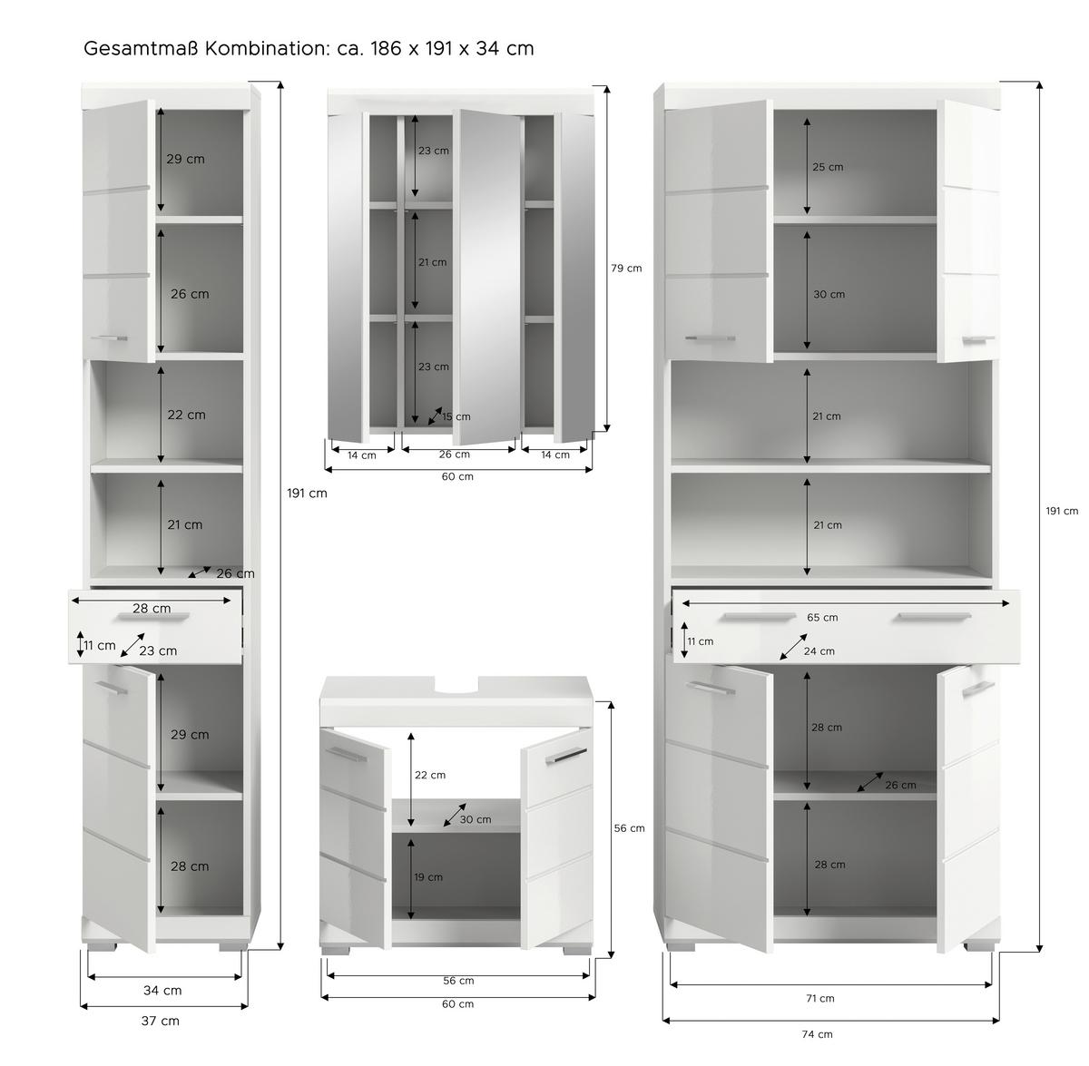 Badezimmer Scout Weiß B: 171 Cm - Weiß Hochglanz/Silberfarben, MODERN, Glas/Holzwerkstoff (171cm) - MID.YOU