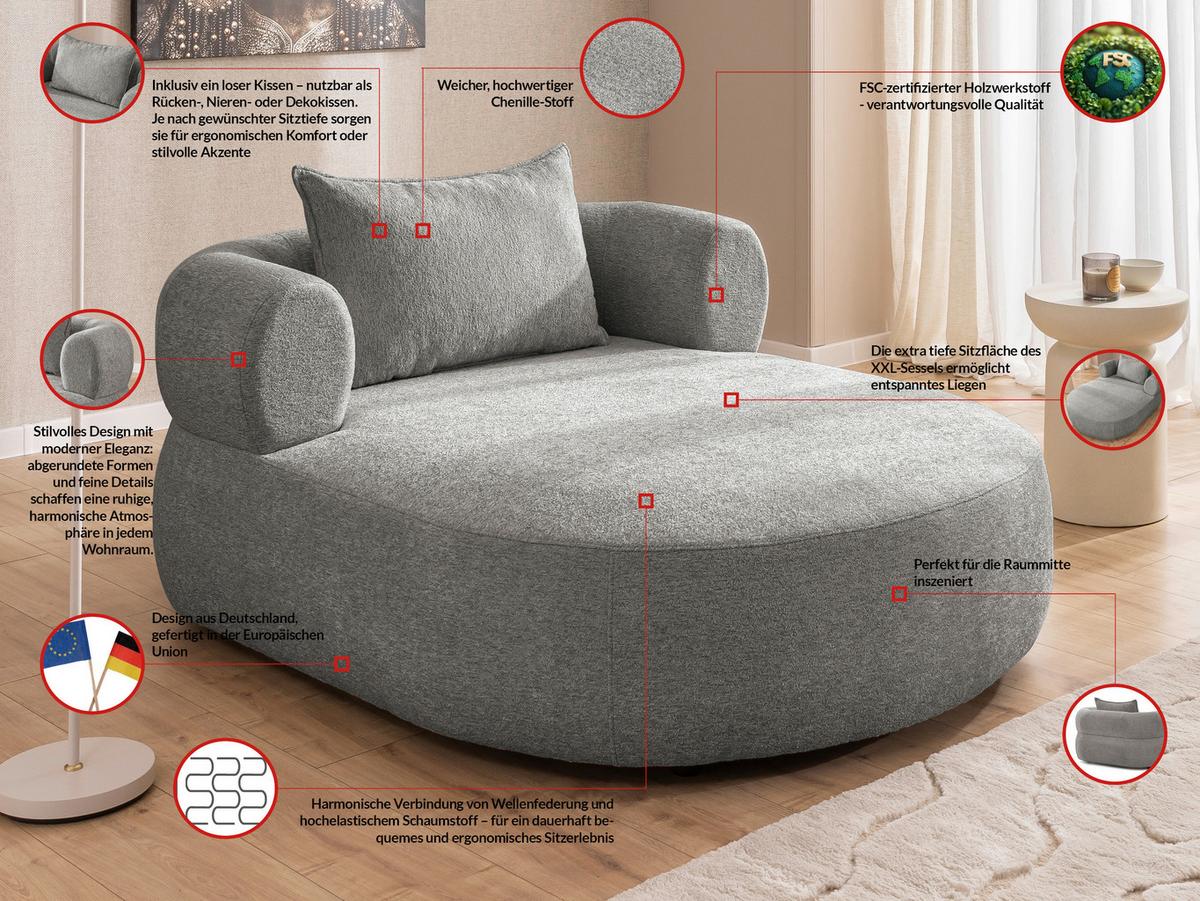 XXL-Sessel Ferro Grau B: 122 cm - Schwarz/Grau, Design, Textil (122/76/156cm) - Livetastic