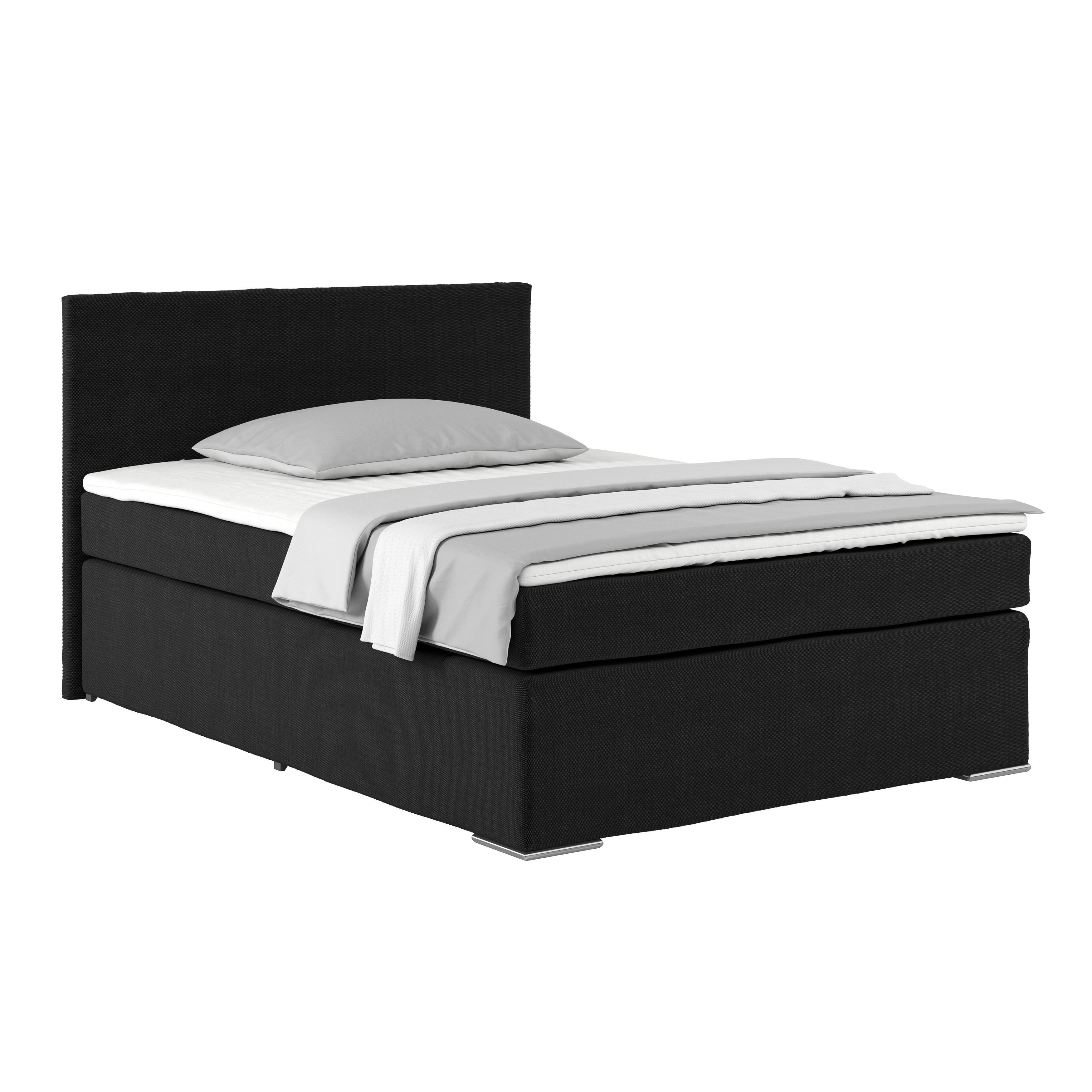 Boxspringbett mit Topper 140x200cm Nero, Schwarz - Chromfarben/Schwarz, KONVENTIONELL, Textil (140/200cm)
