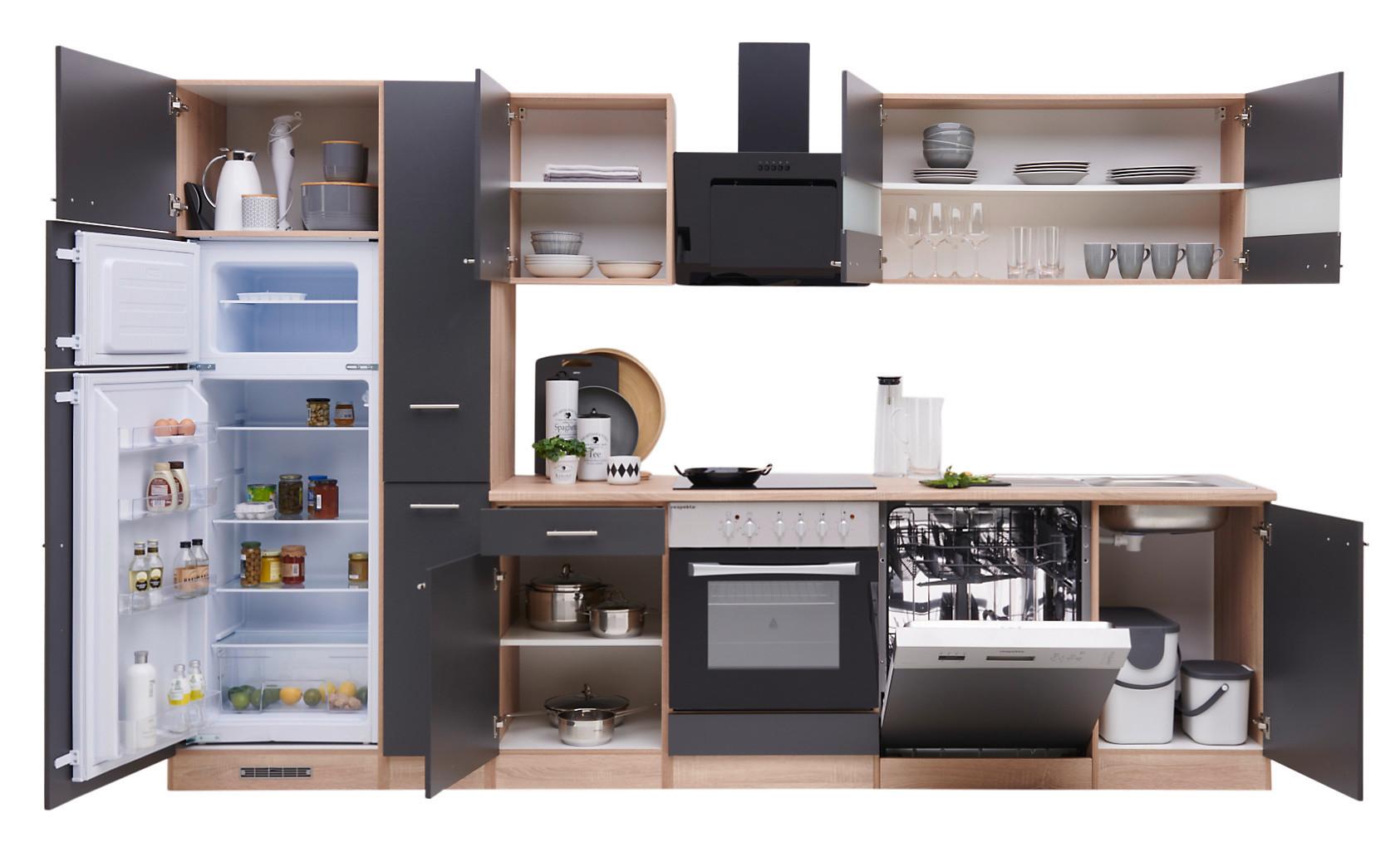 Küchenzeile Economy mit Geräten 310 cm Grau/Eiche Dekor Modern - Eichefarben/Grau, Basics, Holzwerkstoff (310cm) - Respekta