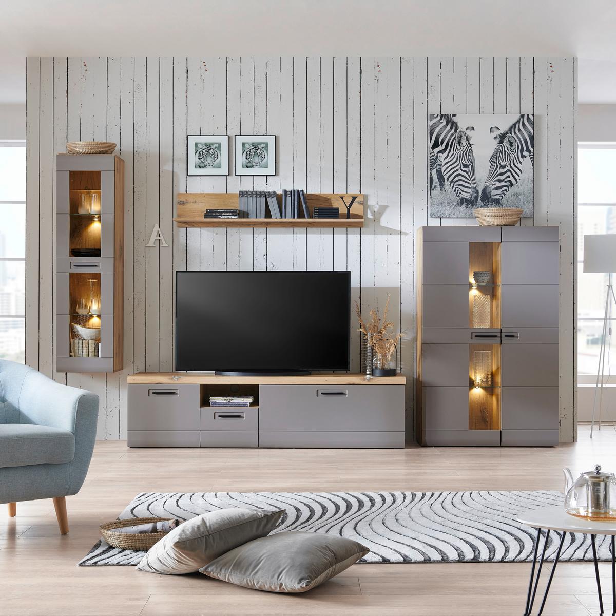 Wohnkombination Modern 4-tlg. Auris, Basalt/eiche Dekor - Grau, MODERN, Glas/Holzwerkstoff (325,3/204,2/49,6cm) - Luca Bessoni