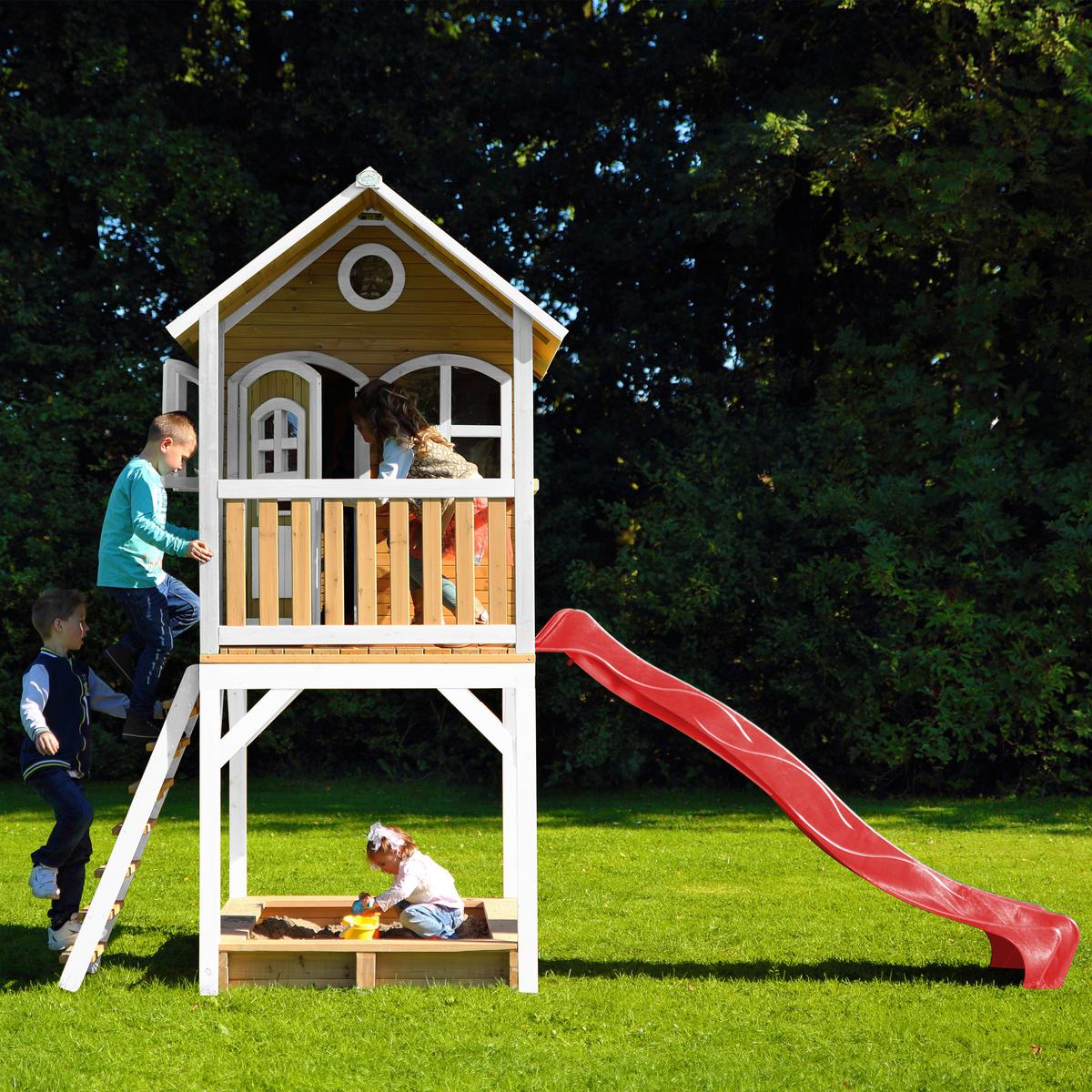 Spielhaus Sarah Rot/braun/weiß B: 370 Cm - Rot/Braun, KONVENTIONELL, Holz/Kunststoff (370/291/191cm) - Ambia Garden