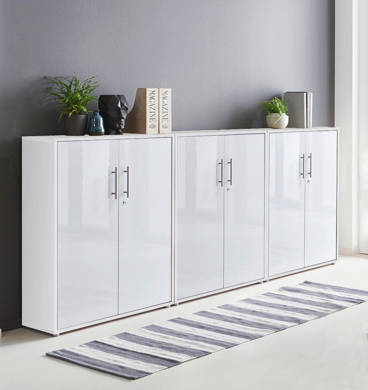 Aktenschrank Office Edition Weiß/Weiß Hochglanz B: 253,2cm - Weiß Hochglanz/Weiß, MODERN, Holzwerkstoff (253,2/113,6/33cm) - MID.YOU