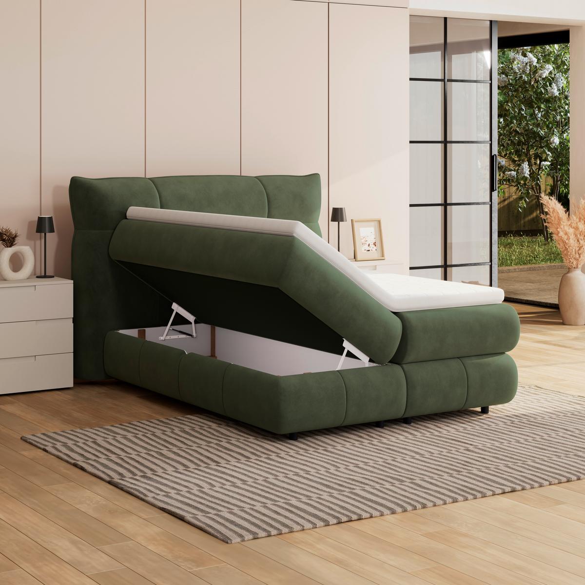Boxspringbett Carmelo Dunkelgrün 140x200 cm H5 - Dunkelgrün/Schwarz, Trend, Textil (140/200cm)