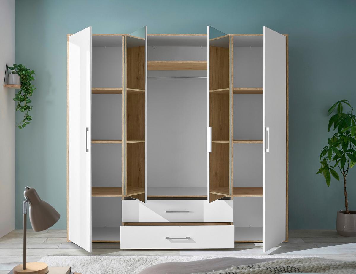 Kleiderschrank M. Spiegel 4trg Lembo Artisan Eiche/weiß 206cm - Weiß/Eiche Artisan, Basics, Glas/Holzwerkstoff (206/195/60cm)