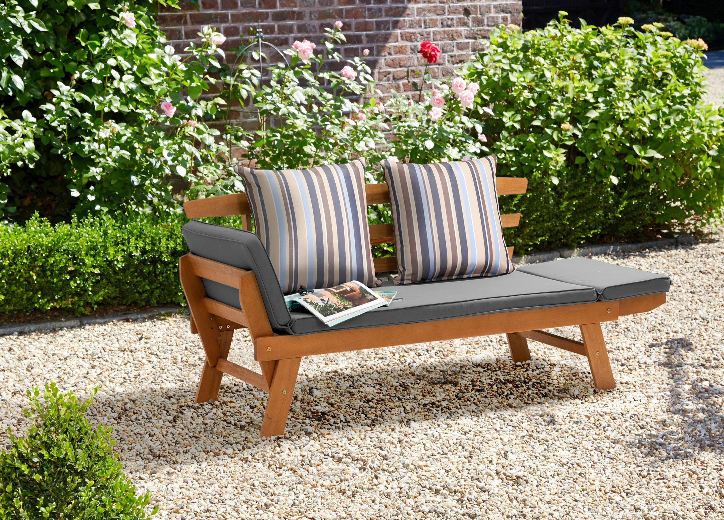 Gartenbank Holz 2-Sitzer mit Liegefunktion und Kissen - Akaziefarben/Grau, MODERN, Holz/Textil (198/78/68cm) - Greemotion