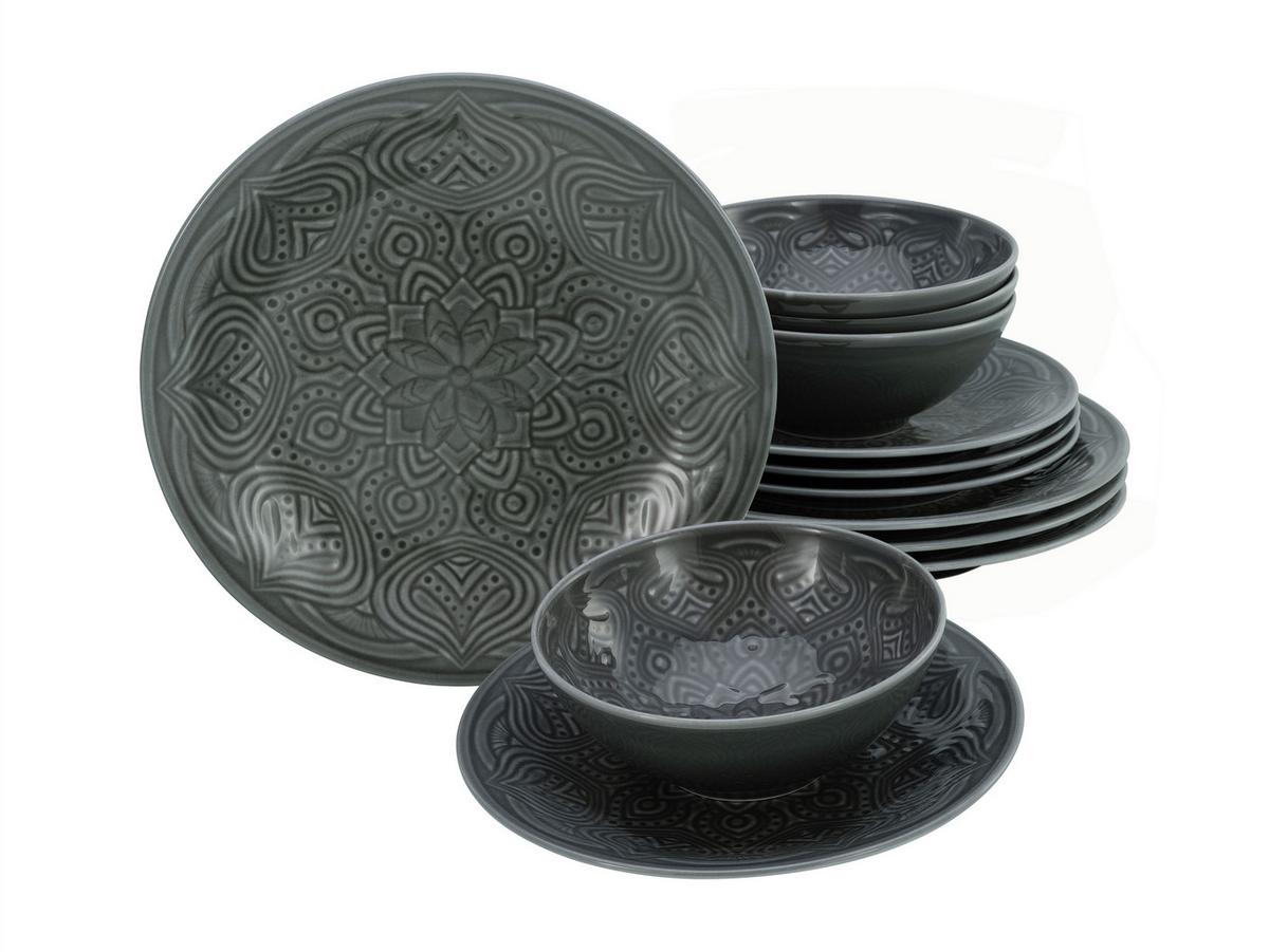 Jídlení souprava ORIENT MANDALA, 12-dílná - tmavě šedá, Trend, keramika - Creatable