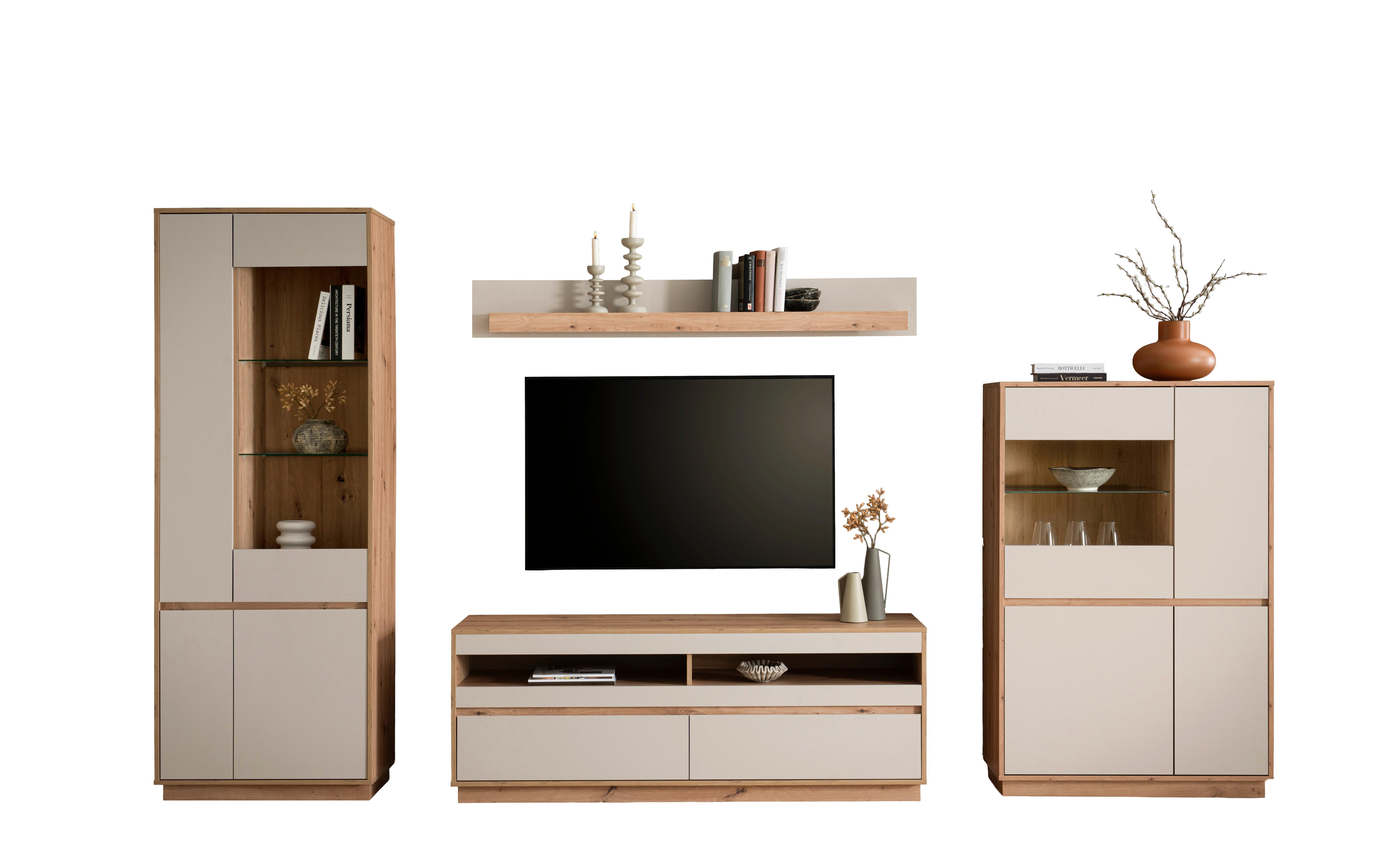 Wohnwand Sonora Eiche Artisan B: 342cm - Kaschmir/Eiche Artisan, Design, Glas/Holzwerkstoff (342/205/40cm) - MID.YOU