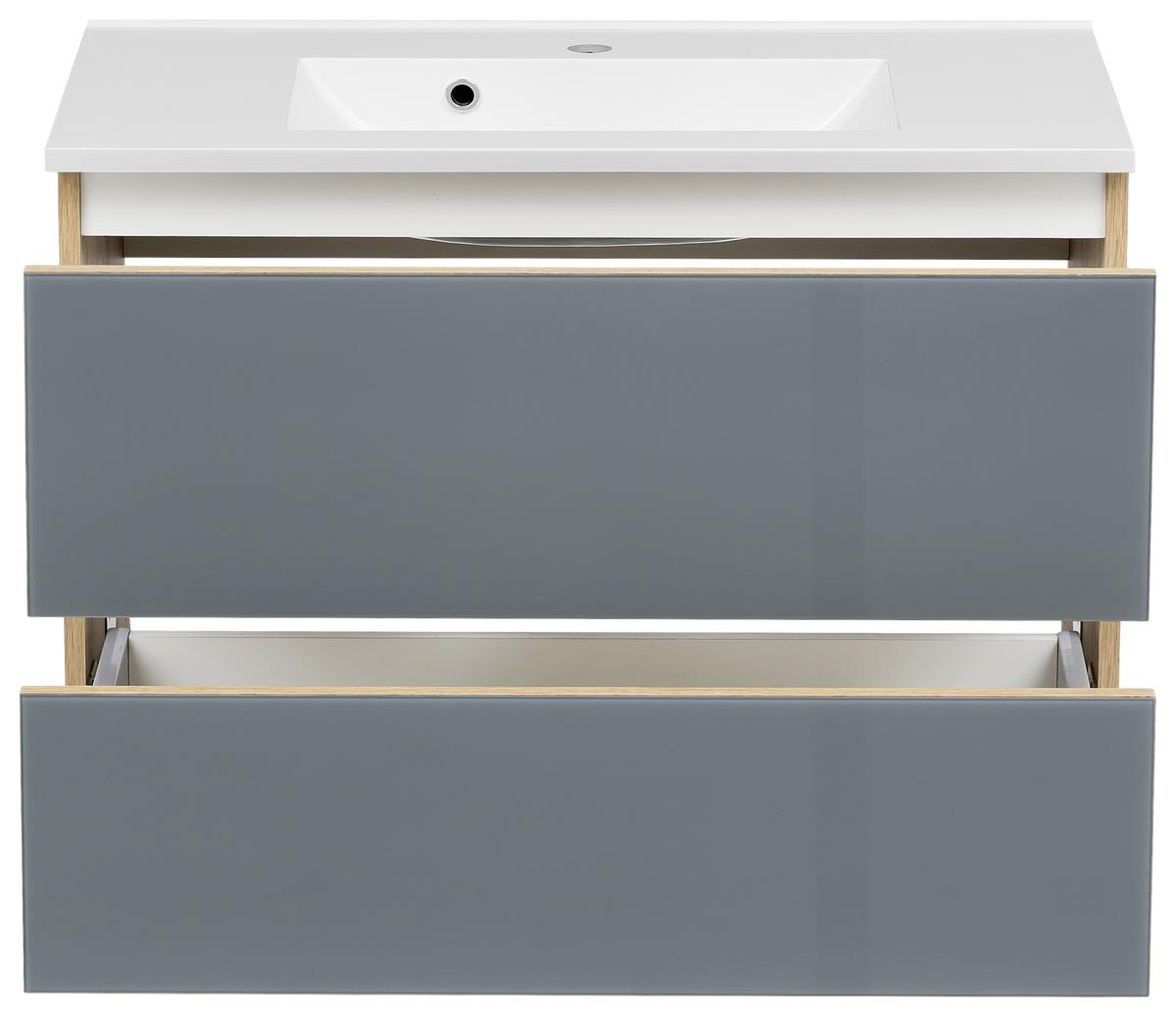 Badmöbel-Set 3-Tlg. inkl. LED Helsinki B: 80 cm, Grau/Eiche - Eichefarben/Weiß, KONVENTIONELL, Glas/Holzwerkstoff (80cm) - Held