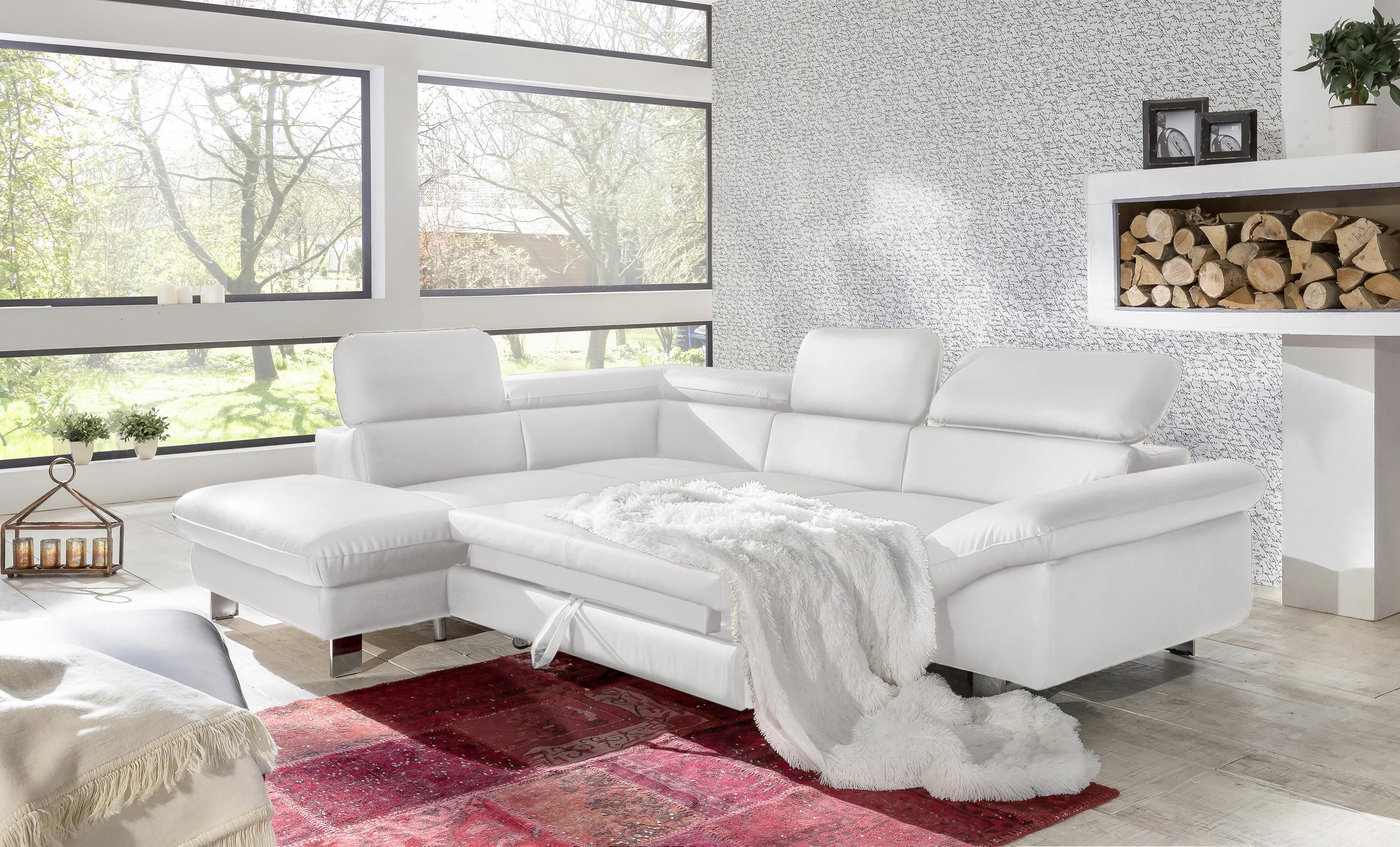 Ecksofa Mit Schlaffunktion Driver Weiß Lederlook - Chromfarben/Weiß, MODERN, Textil (214/266cm) - MID.YOU