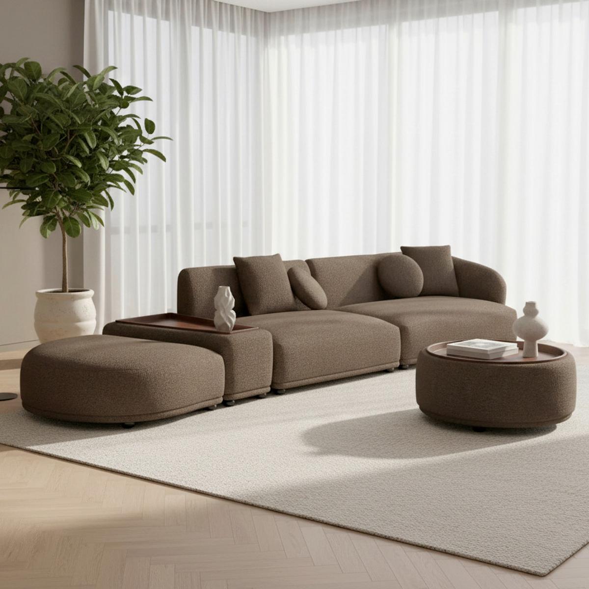 Rohová sedačka KIRA, hnědá žinylka, so stolíkem - černá/hnědá, Moderní, dřevo/textil (410/108cm) - Bessagi Home