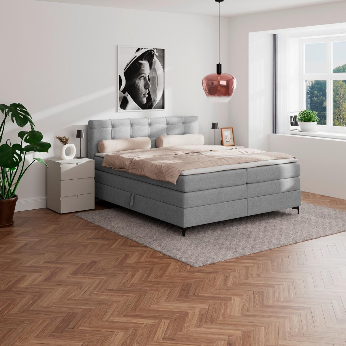 Boxspringbett MITTO Hellgrau 180x200 cm - Hellgrau/Schwarz, KONVENTIONELL, Textil/Metall (180/200cm)
