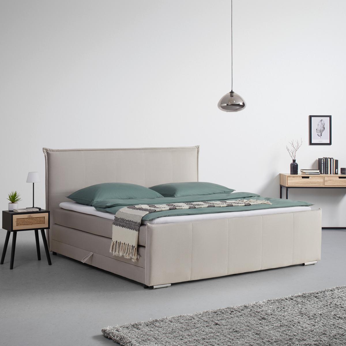 Posteľ boxspring s toperom, 200x200 cm, béžová - chrómová/béžová, Modern, kov/drevo (200/200cm) - Bessagi Home