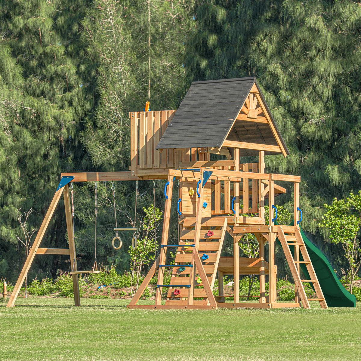 Spielturm Mit Rutsche Grün - Dunkelgrün/Anthrazit, Basics, Holz/Kunststoff (482/500/338cm) - Ambia Garden