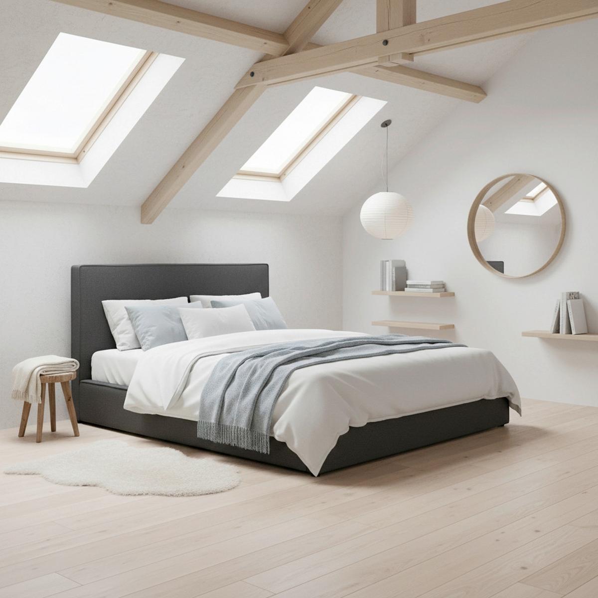 Čalúnená posteľ GINA 180x200 cm, tmavosivá - čierna/prírodná farba, Modern, kov/drevo (180/200cm) - Bessagi Home