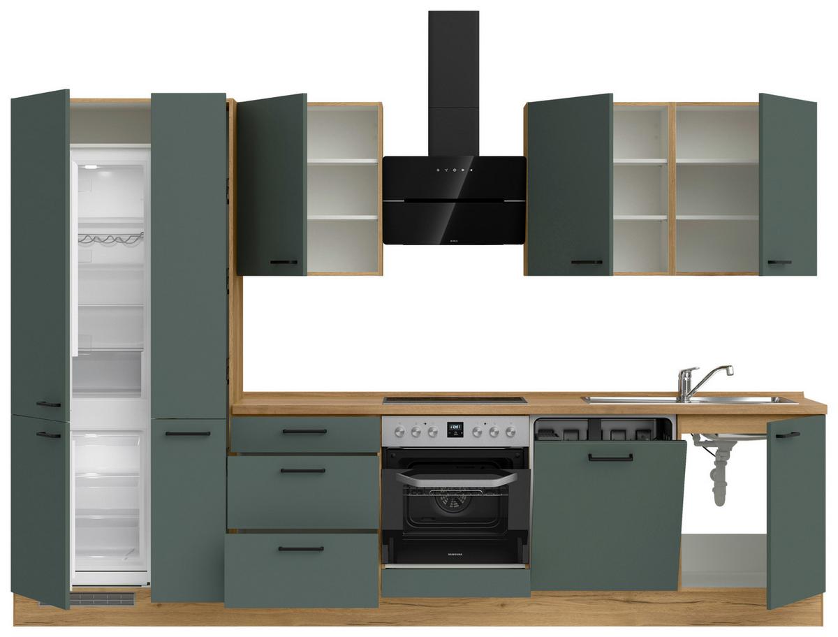 Kuchyňská linka 330 cm, minerální zelená,ultra matná - barvy dubu/černá, Moderní, kov/kompozitní dřevo (330cm) - Nobilia