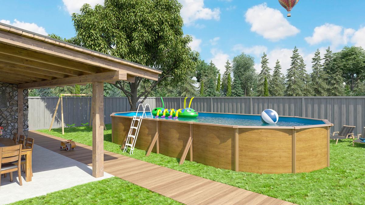 Pool Set Steely De Luxe Wood 3-teilig, Laufruhige Pumpe - Hellbraun/Hellblau, Basics, Metall (760/390/120cm)