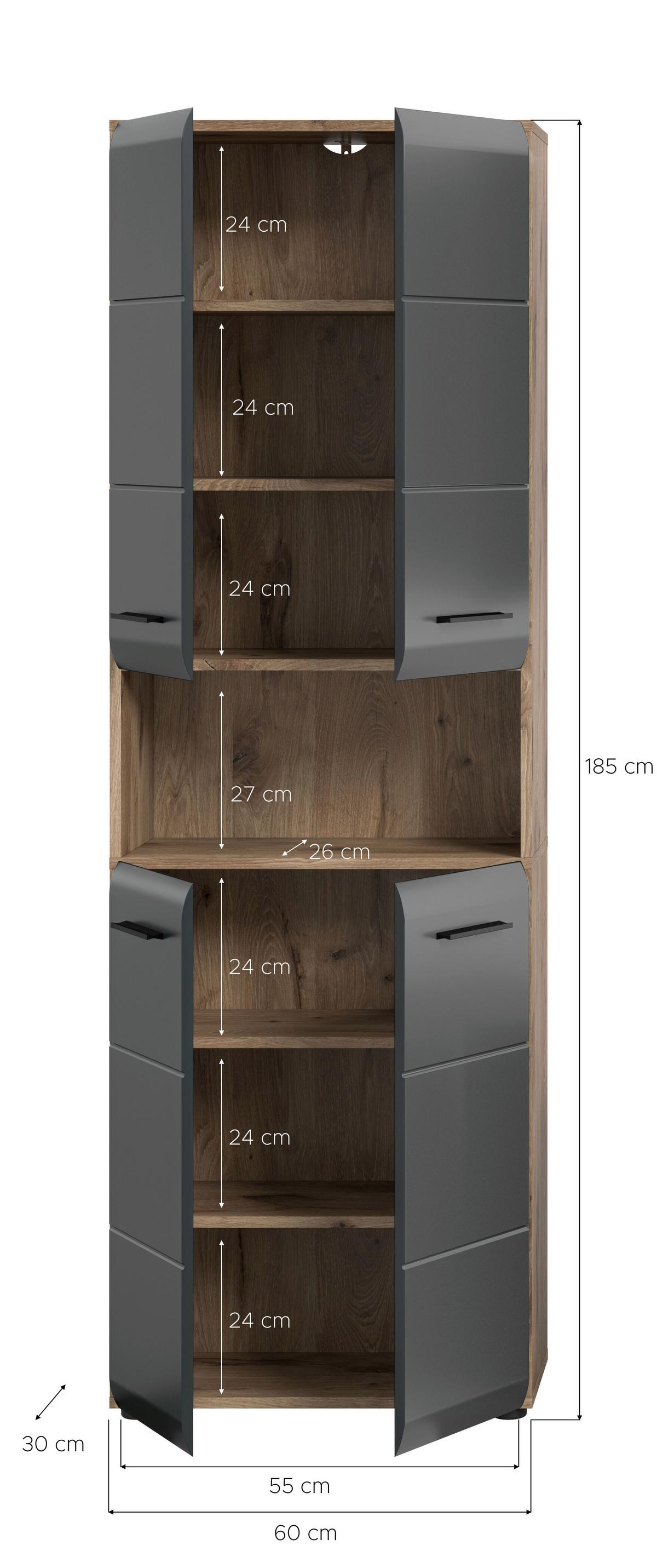 Hochschrank Ice Schwarz/Eiche Dekor B: 60cm - Eiche dunkel/Schwarz, Basics, Holzwerkstoff (60/185/30cm) - MID.YOU