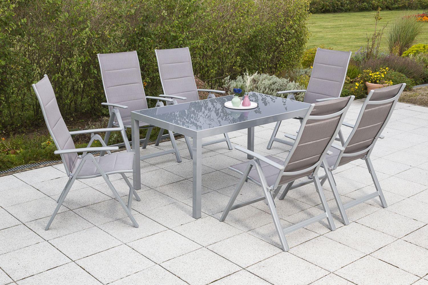 Gartenmöbel Set 7-Tlg. Taviano Metall/Textil/Glas - Silberfarben/Braun, ROMANTIK / LANDHAUS, Glas/Textil - Gardenson