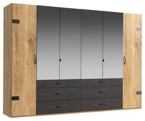 Drehtürenschrank Mit Spiegel + Laden 300cm Detroit, Eiche - Eichefarben/Graphitfarben, Basics, Holzwerkstoff (300/216/58cm) - MID.YOU