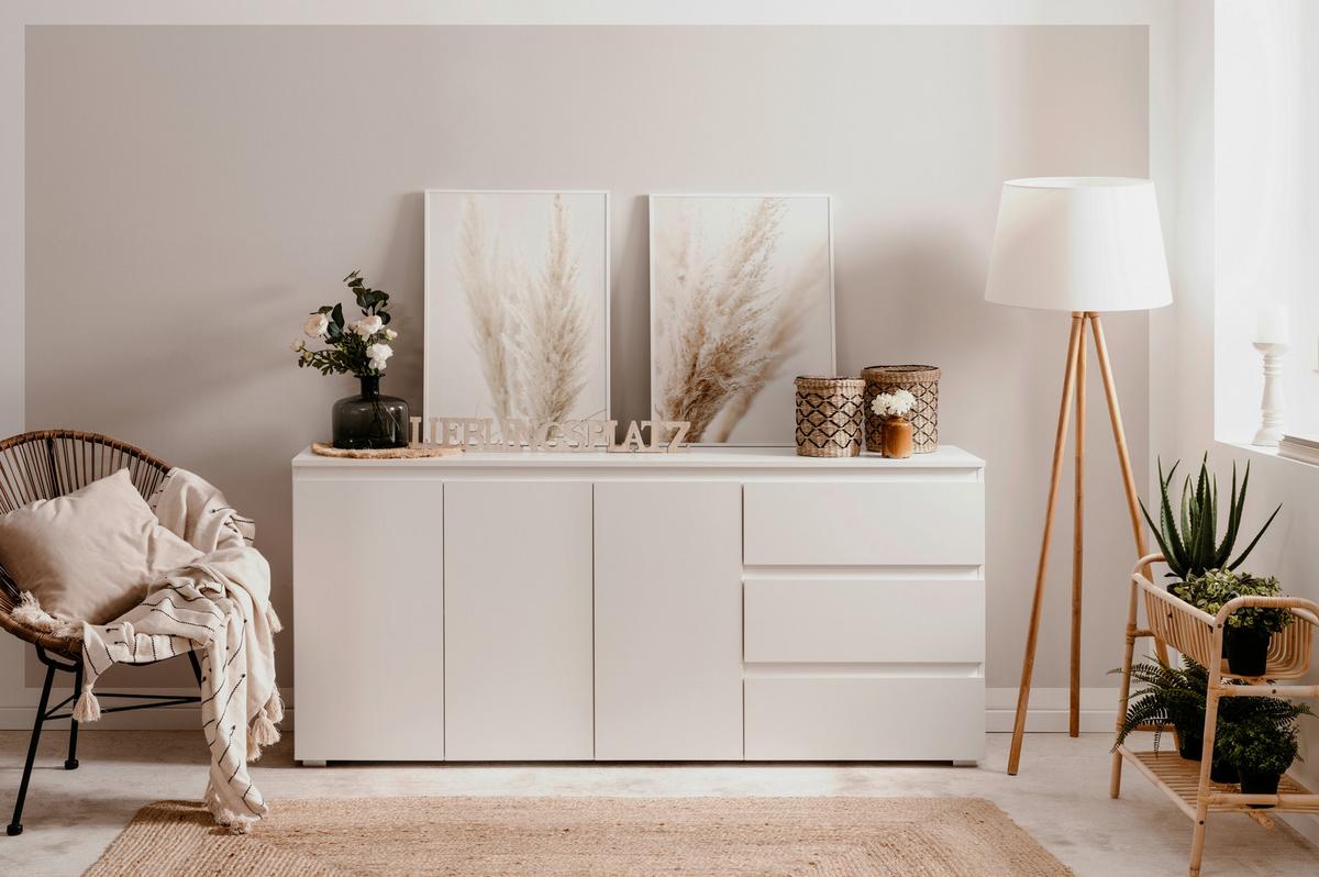 Sideboard Capetown Weiß HG B: 179 cm - Weiß Hochglanz/Silberfarben, Trend, Holzwerkstoff (179/80,5/40cm)