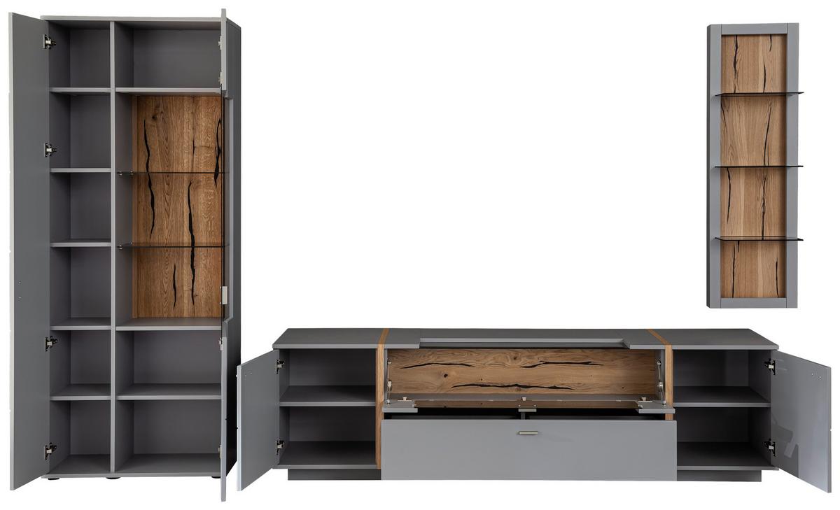 Wohnkombination teilmassiv 3--teilig. Sevilla Grau/Eiche - Eichefarben/Schwarz, Design, Glas/Holzwerkstoff (326/207/50cm) - MID.YOU