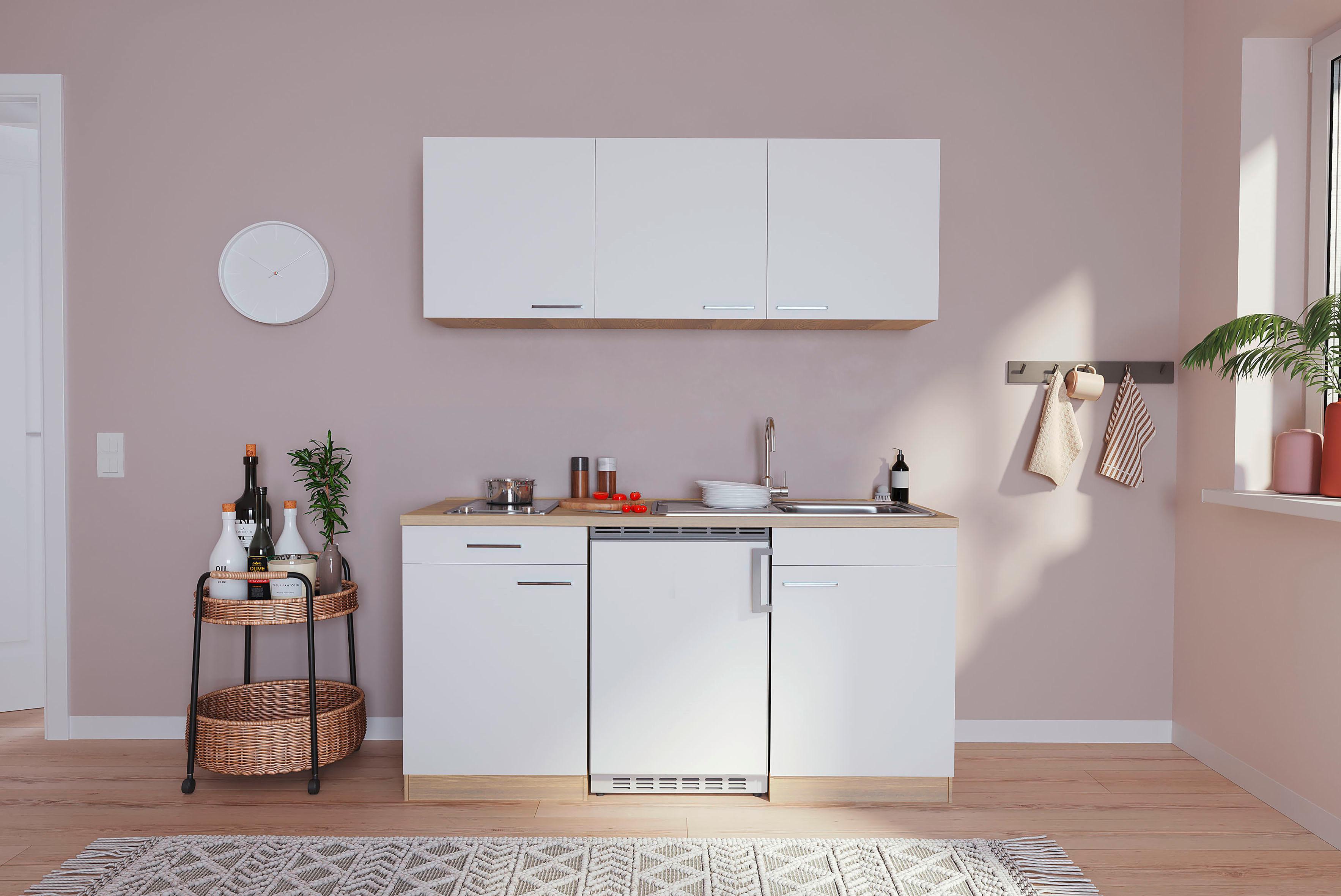 Miniküche mit Kühlschrank + Kochfeld 150 cm Weiß/Eiche