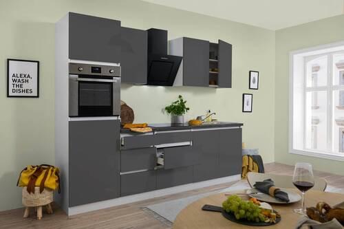 Küchenzeile Premium mit Geräten 270 cm Weiß/Grau Hochglanz - Weiß/Braun, MODERN, Holzwerkstoff (270cm) - Respekta