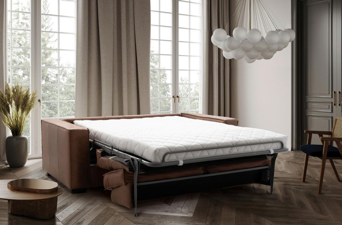 Schlafsofa Texas Cognac Anilinleder, B: 203 Cm - Cognac/Dunkelbraun, Design, Leder (203/85/99cm) - MID.YOU