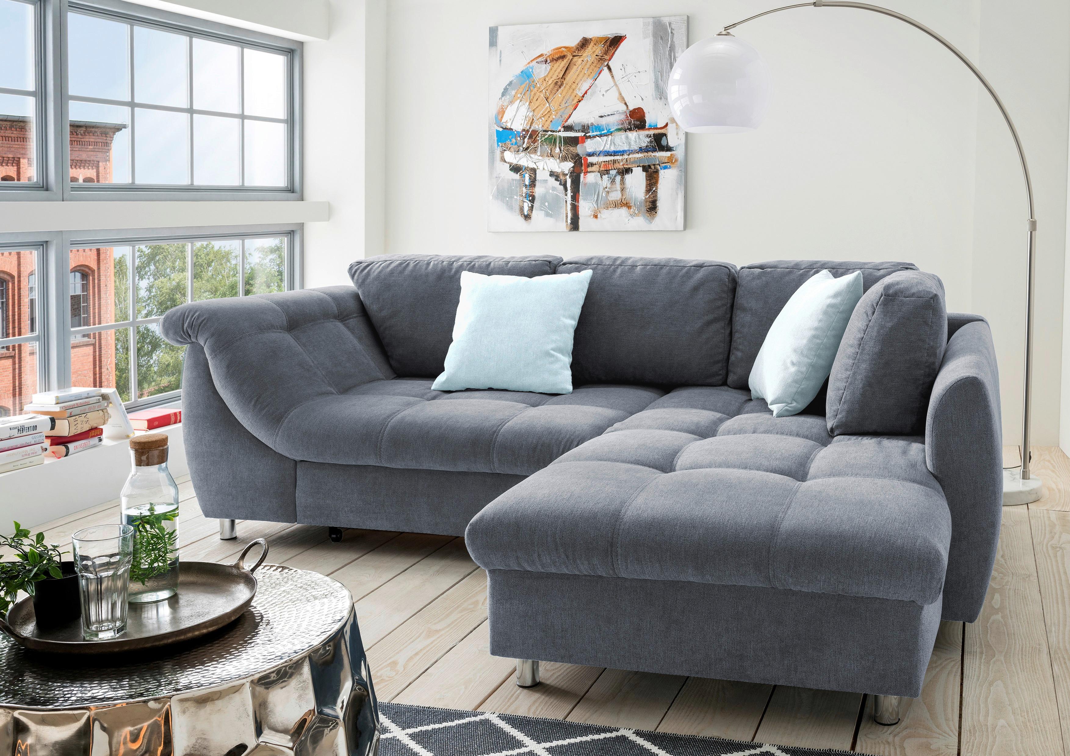 Ecksofa mit Schlaffunktion + Zierkissen Agira, Mikrofaser - Chromfarben/Pastellblau, Design, Textil (250/190cm) - Livetastic