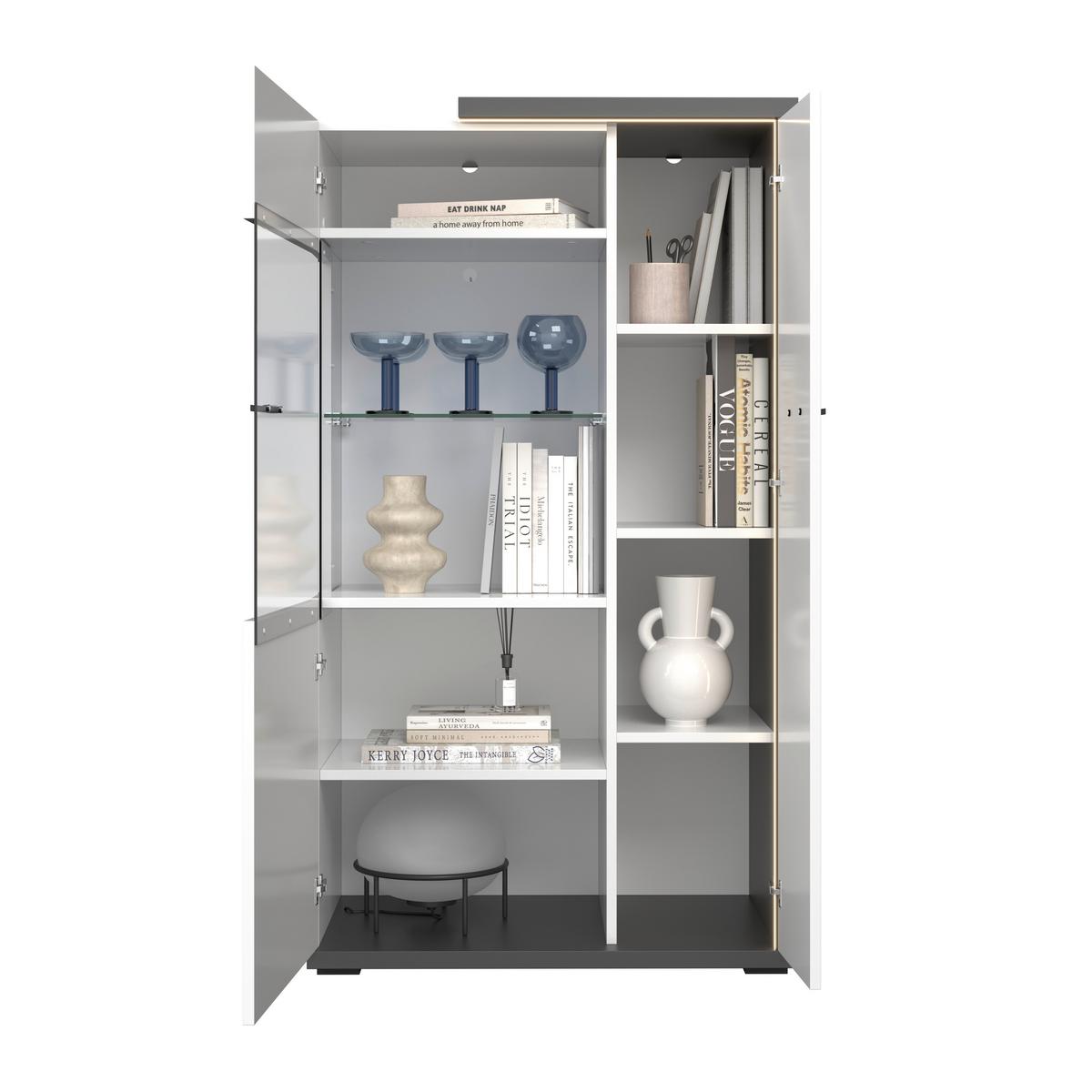 Wohnwand Ambiente Plus Anthrazit/ Weiß B: 300,2 cm - Weiß Hochglanz/Anthrazit, MODERN, Glas/Holzwerkstoff (300,2/199,1/43,6cm)