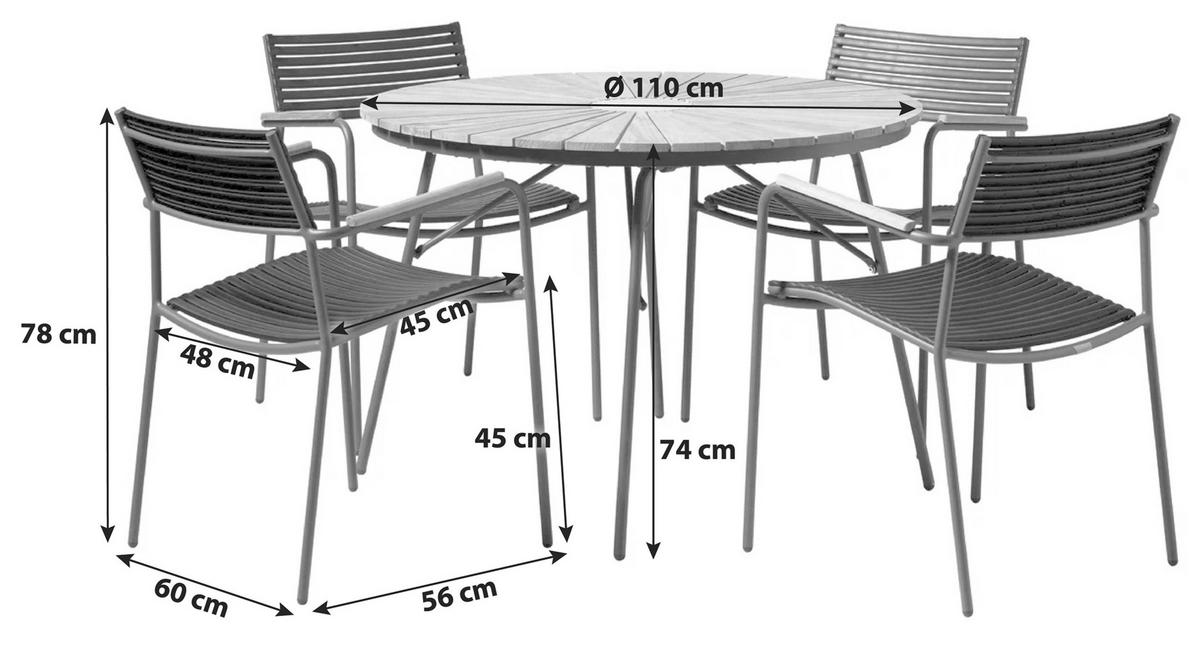 Gartenmöbel Set 5-Tlg Ellen aus Teakholz/Kunststoff - Anthrazit/Schwarz, Natur, Holz/Kunststoff - Gardenson