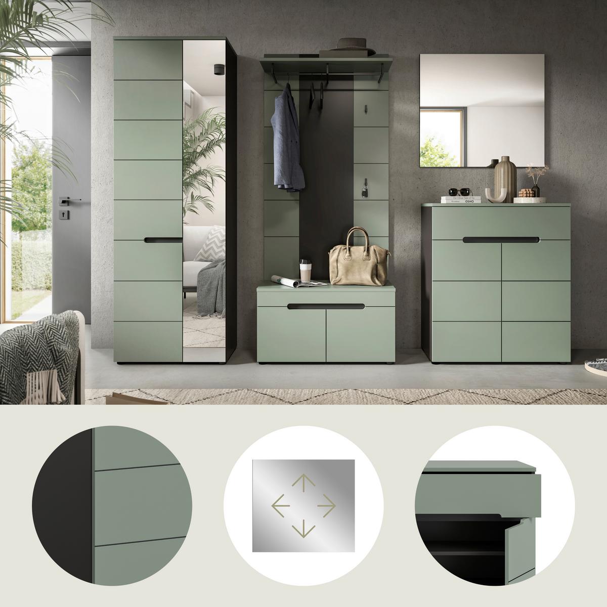 Garderobe Canu 5-Teilig Grau/Grün B: 255 cm - Graugrün/Grau, Design, Holzwerkstoff (255/190/37cm) - Livetastic