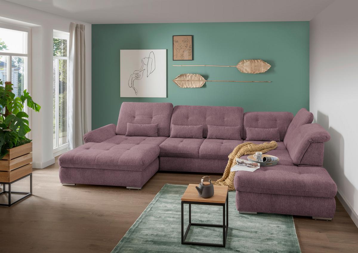 Wohnlandschaft Dalida Mit Schlaffunktion Brombeere - Chromfarben/Brombeere, Design, Textil (195/376/254cm) - Livetastic