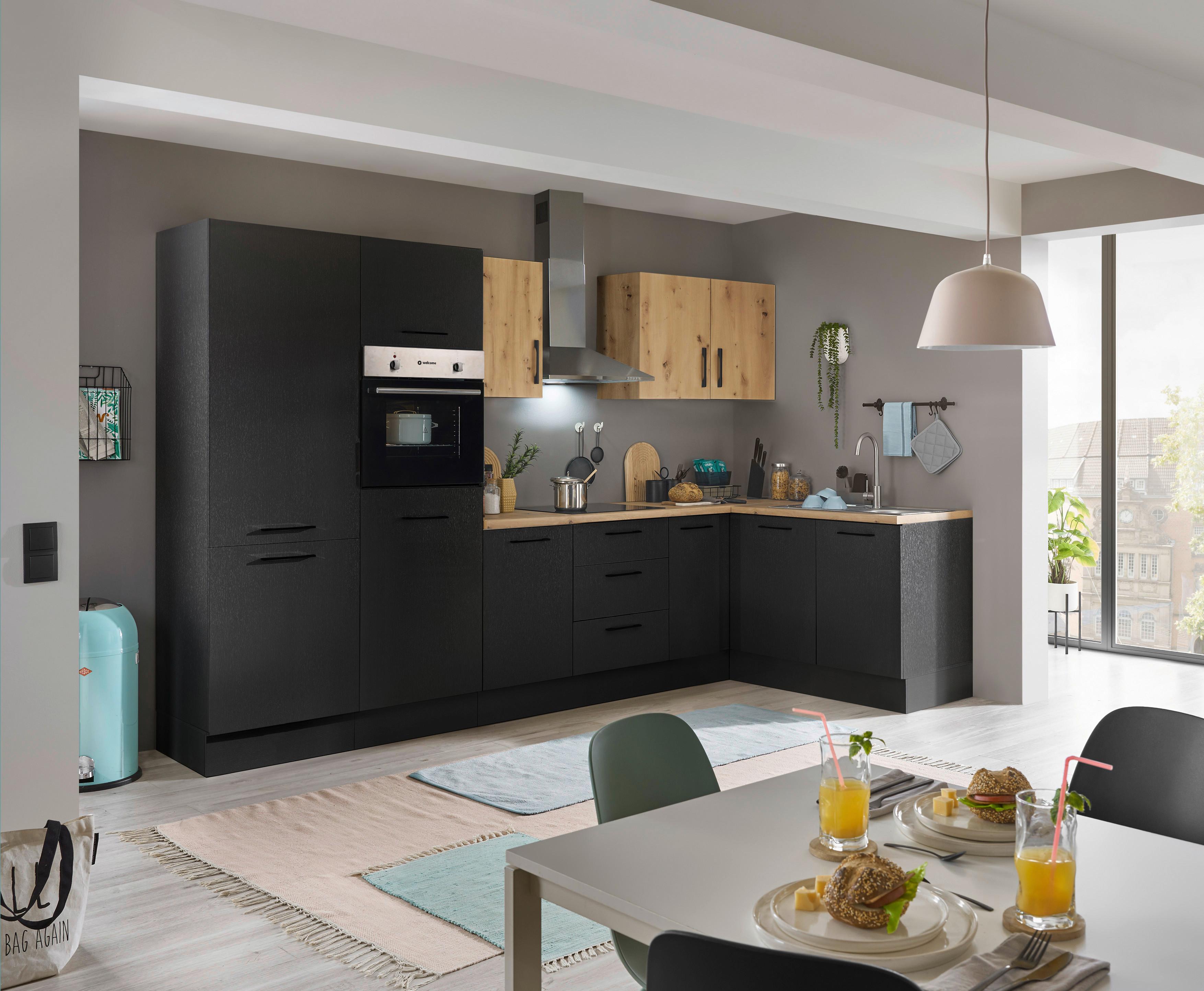 Eckküche Turin Schwarz/Eiche Dekor 330x165 cm - Schwarz/Eiche Artisan, Basics, Holzwerkstoff (330/165cm) - MID.YOU