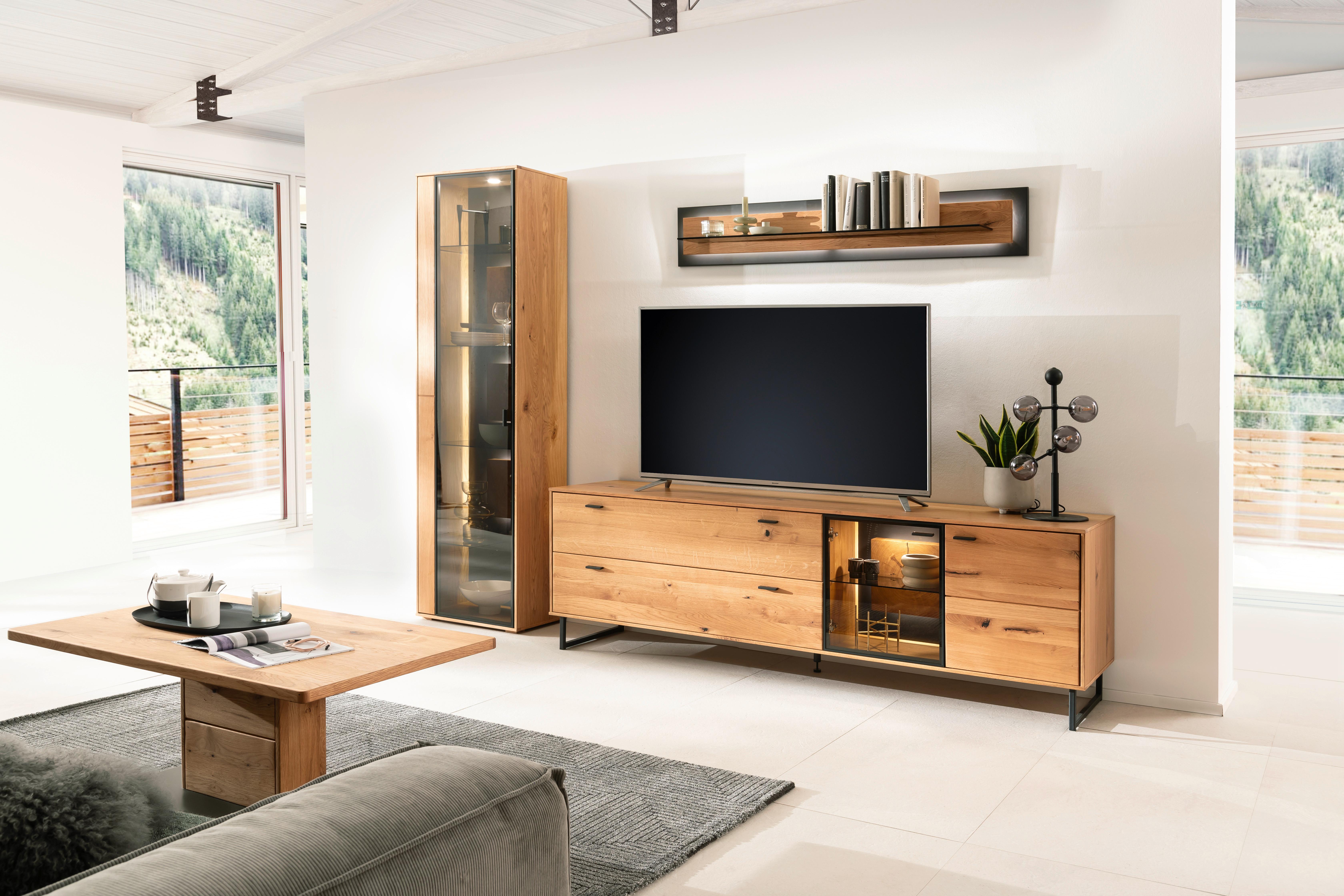 Wohnwand Assini 3-Teilig Wildeiche B: 286 cm - Wildeiche/Schwarz, Design, Glas/Holz (286/206/50cm) - MID.YOU
