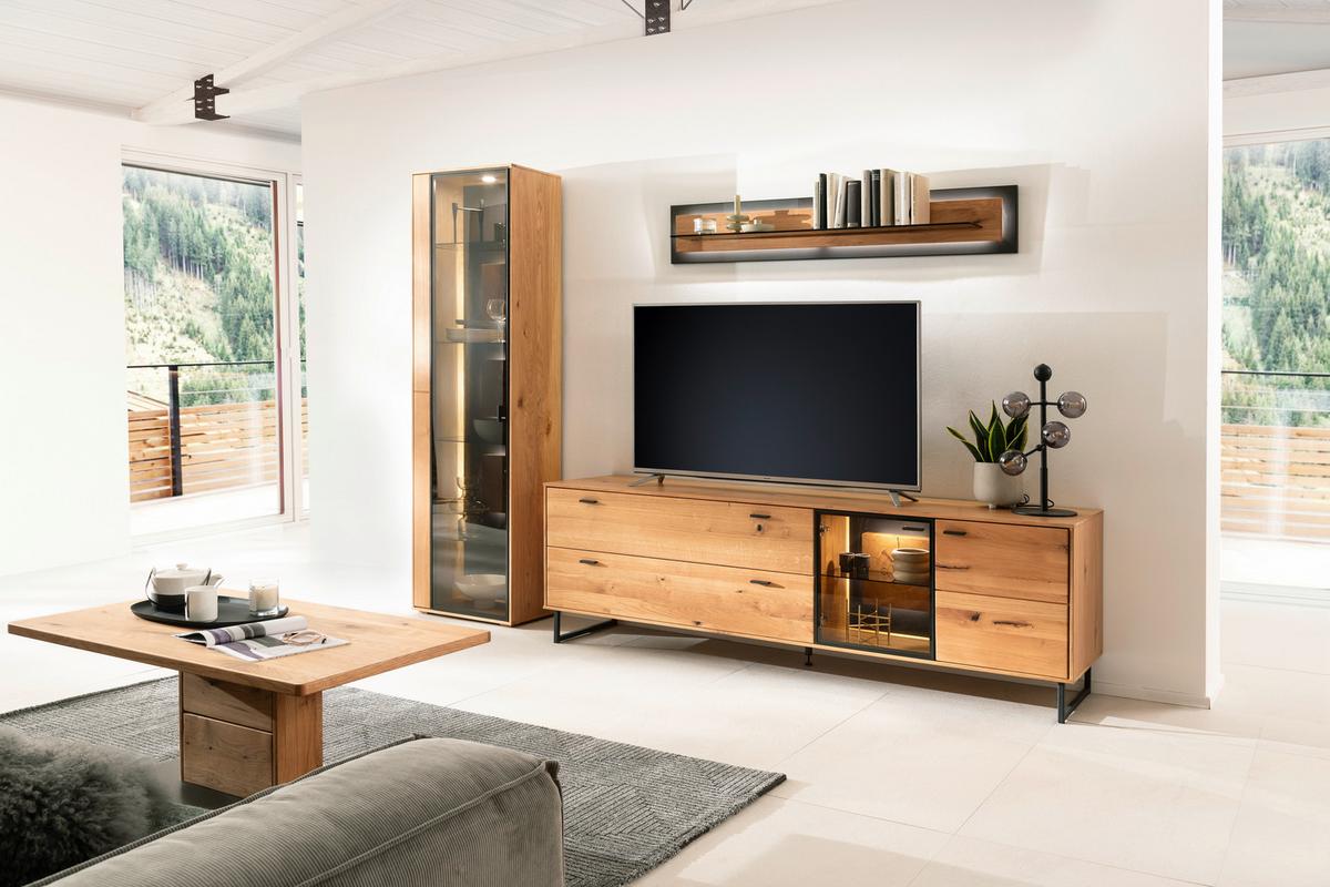 Lowboard Assini B: 213 cm Wildeiche - Wildeiche/Schwarz, Design, Glas/Holz (213/68/50cm) - MID.YOU