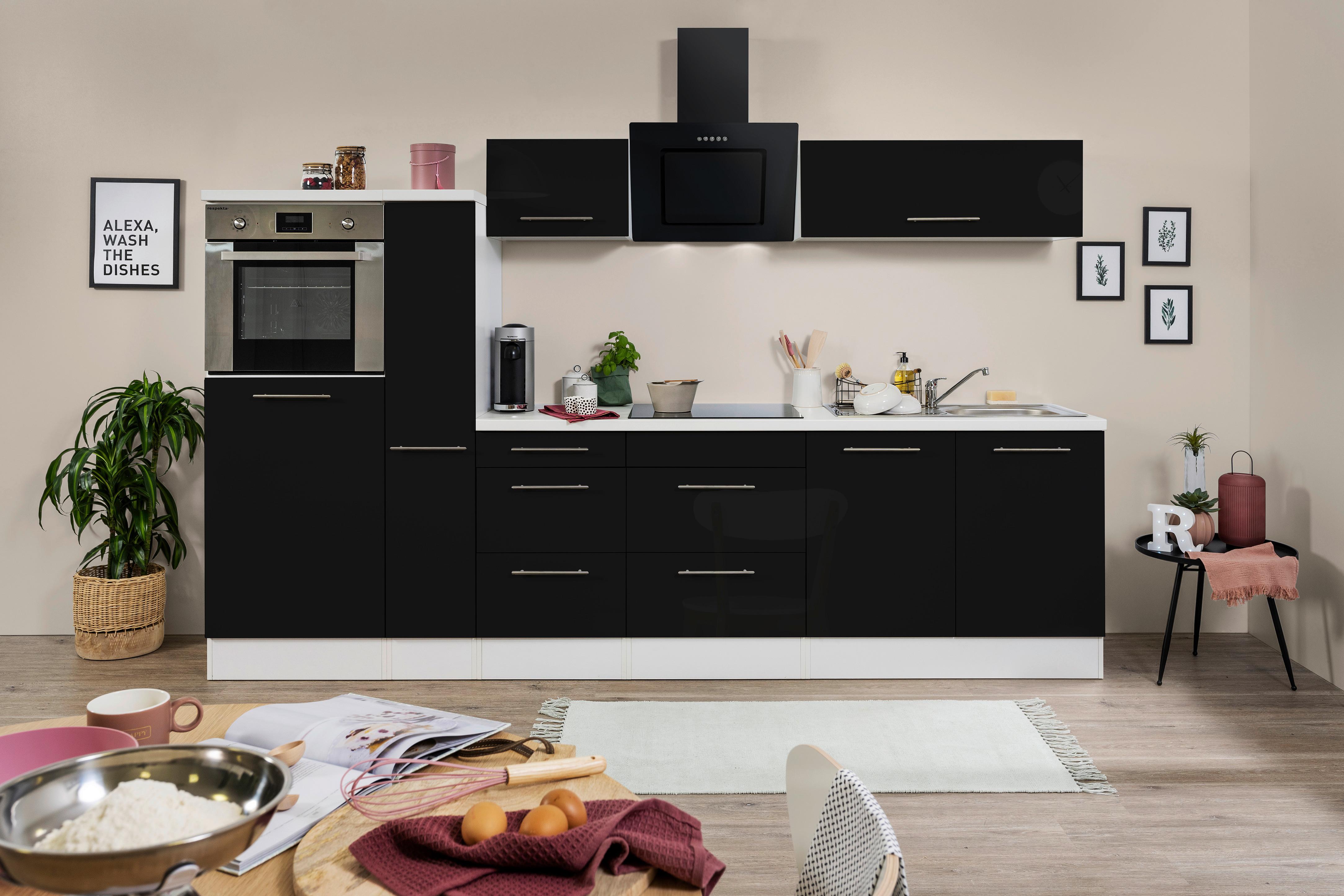 Küchenzeile mit Geräten 300 cm Schwarz Hochglanz/Weiß - Schwarz/Weiß, KONVENTIONELL, Holzwerkstoff (300cm) - Respekta