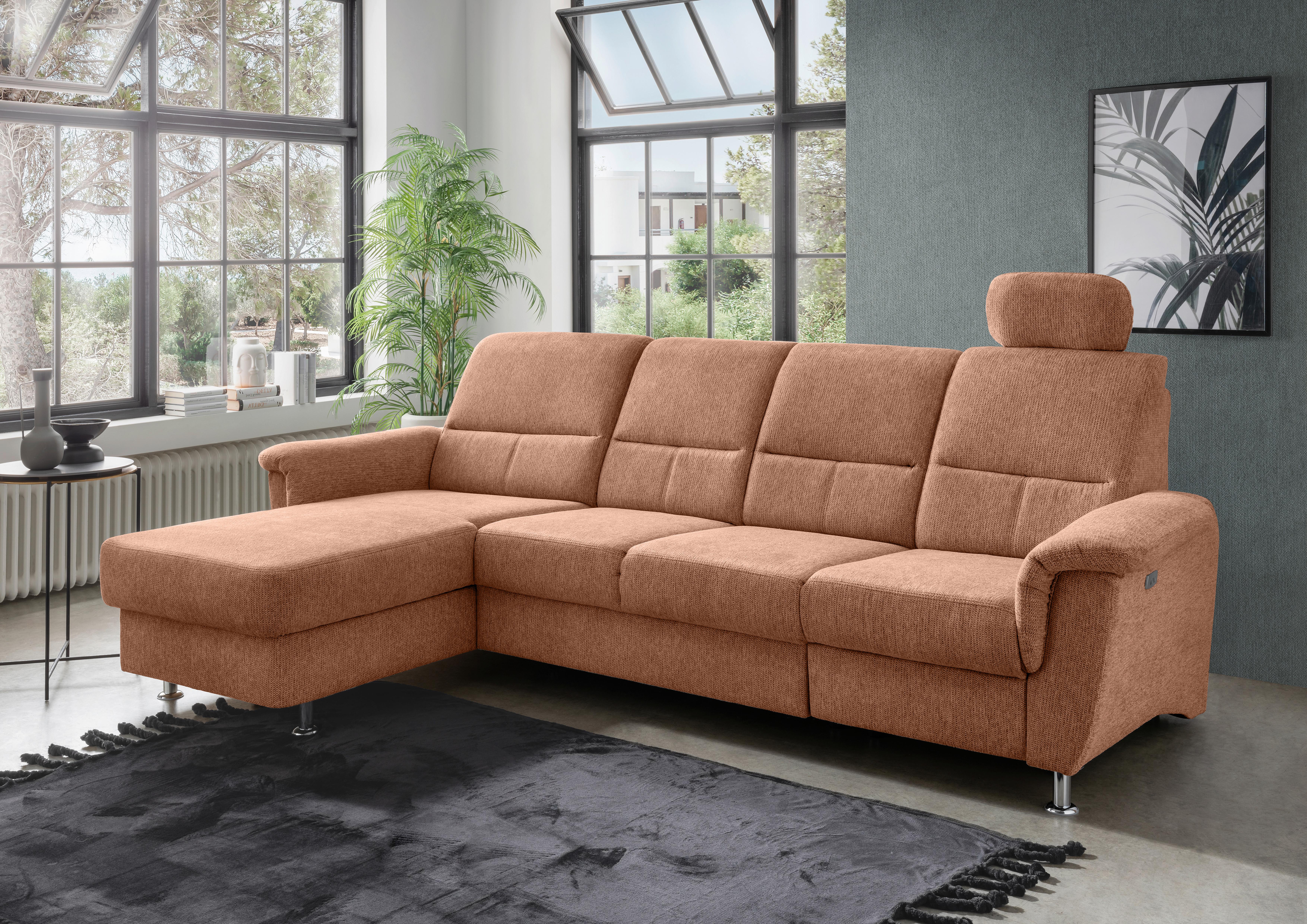Ecksofa mit Relaxfunktion Parole Koralle Chenille - Chromfarben/Koralle, KONVENTIONELL, Textil (165/292cm) - Livetastic