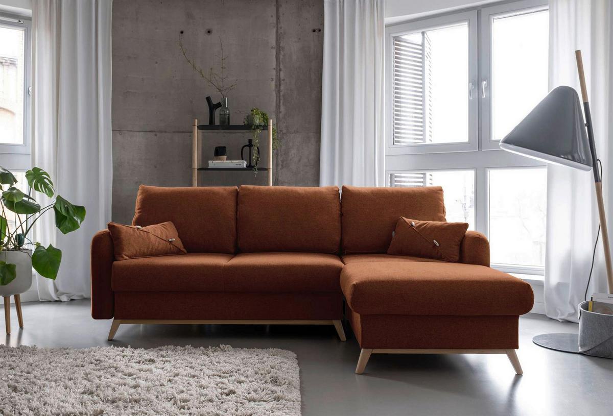 Sedačka LUCILE S, pravá, tehlová, úl.priestor a lôžko - prírodná farba/terakotová, drevo/textil (235/157cm) - MID.YOU