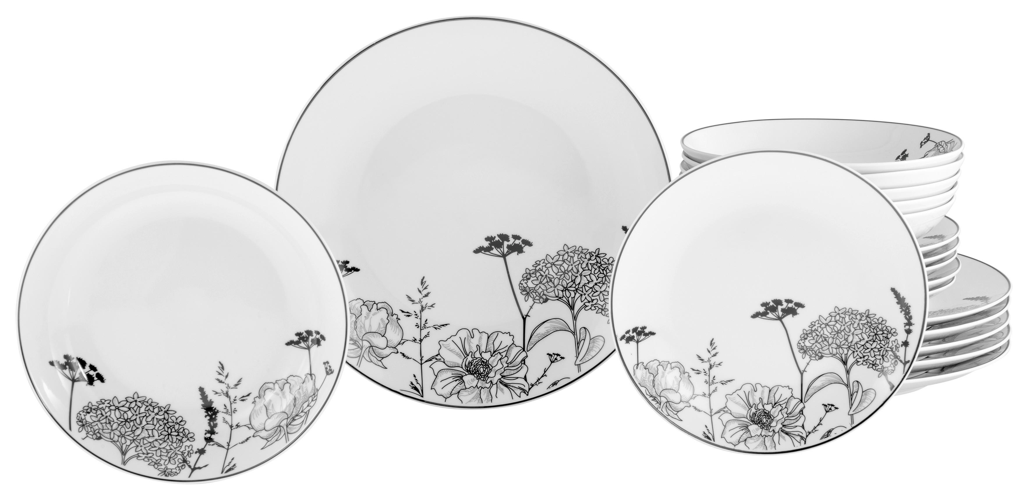 Tafelservice Luna Black Flower 18-Tlg., Schwarz, Grauweiß - Grauweiß/Schwarz, Basics, Keramik - Creatable
