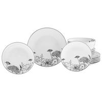 Tafelservice Luna Black Flower 18-Tlg., Schwarz, Grauweiß - Grauweiß/Schwarz, Basics, Keramik - Creatable
