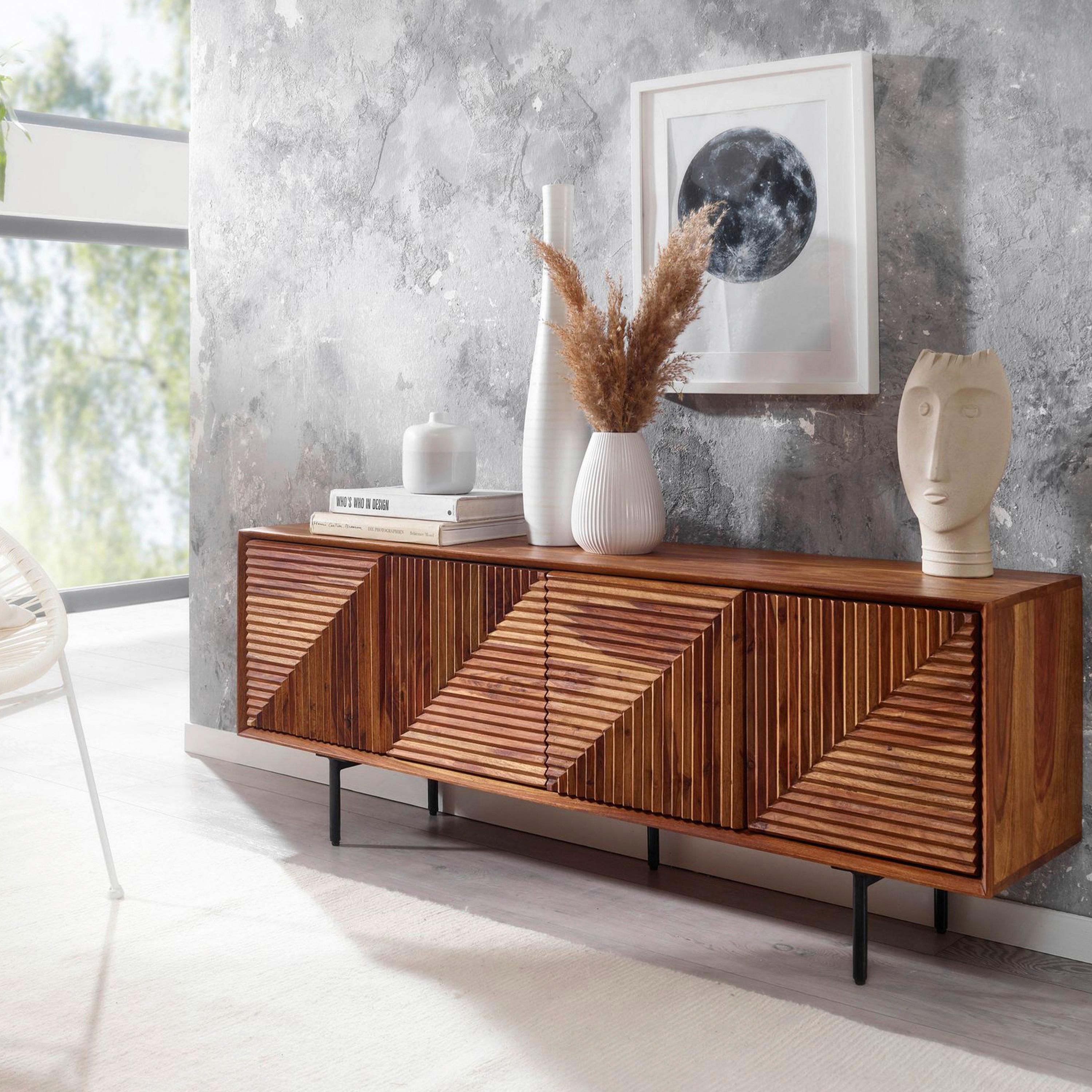 Sideboard Sheesham Sheeshamfarben B: 140 cm - Sheeshamfarben/Schwarz, Design, Holz (140/54/33cm) - MID.YOU
